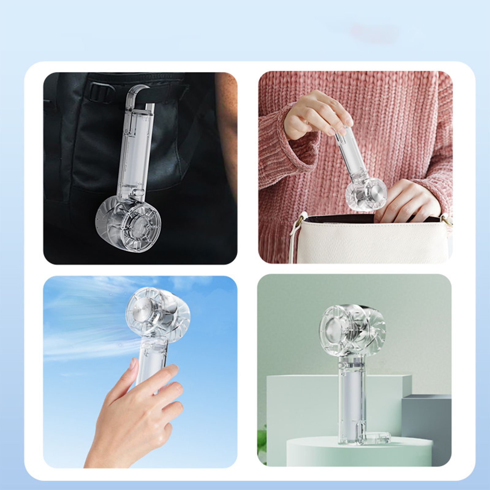 Vier Bilder eines Handventilators in verschiedenen Szenarien: angeclippt, in einer Handtasche und in Gebrauch.