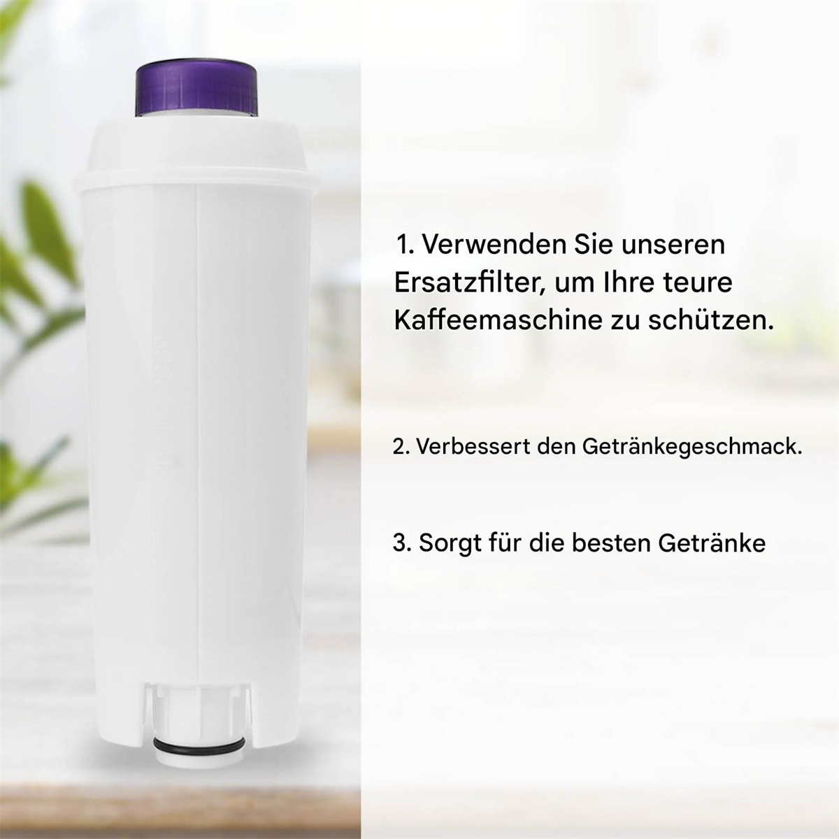 Ein weißer Wasserfilter-Ersatz. Deutscher Text beschreibt seine Verwendung zum Schutz einer Kaffeemaschine.