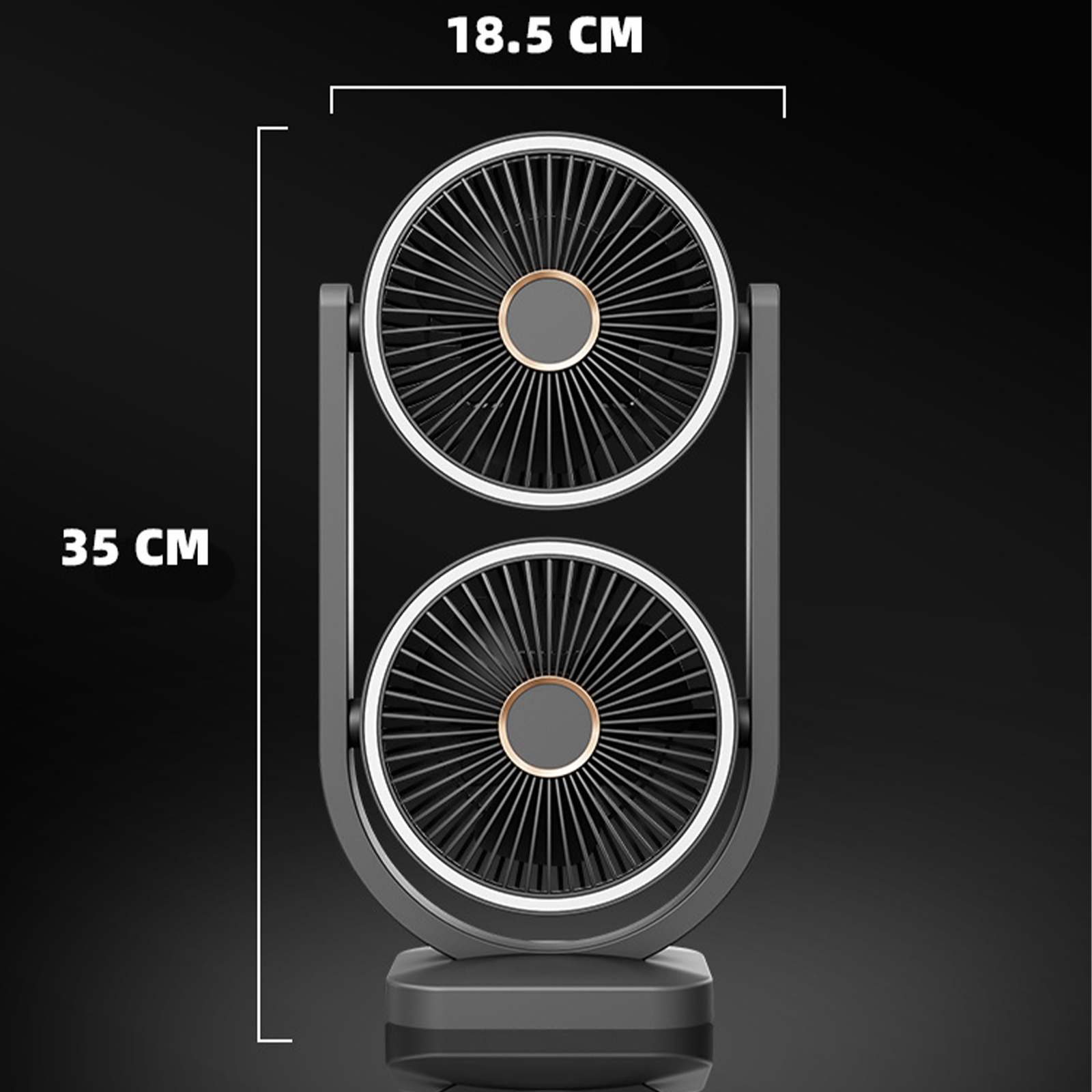 Ein Doppellüfter-Luftkühler mit Maßen. Die Ventilatoren sind schwarz und haben eine goldfarbene Mitte.