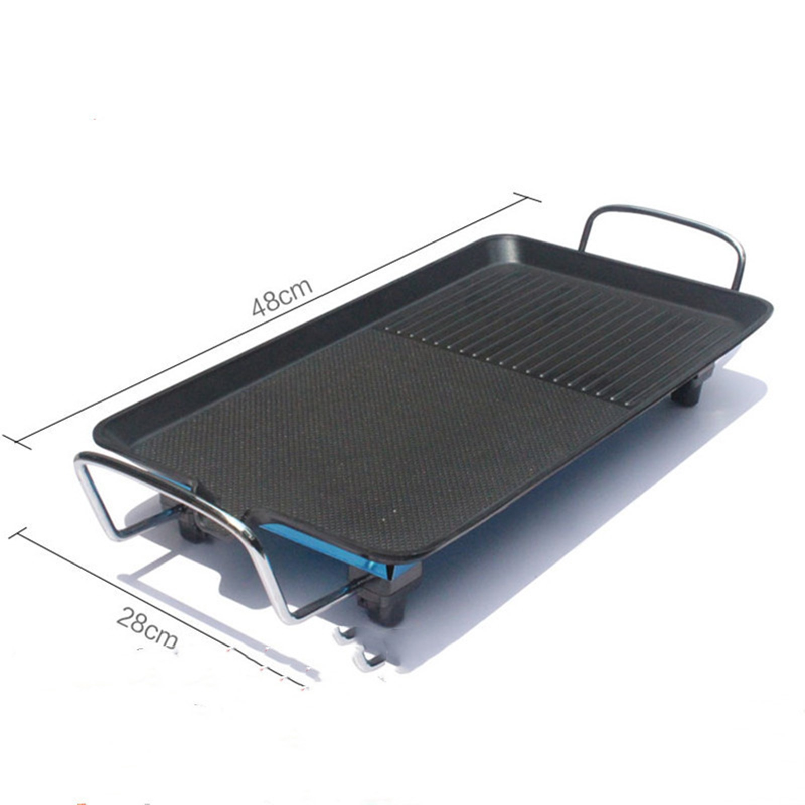 Schwarzer rechteckiger Grill mit Griffen und Abmessungen.