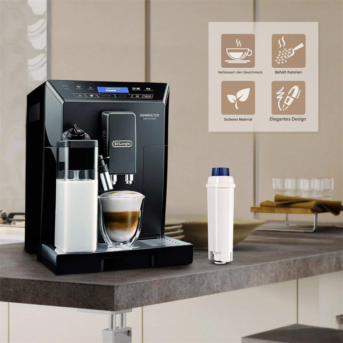 Schwarze Kaffeemaschine mit Kaffeetasse und Milchbehälter sowie einem Icon-Panel.