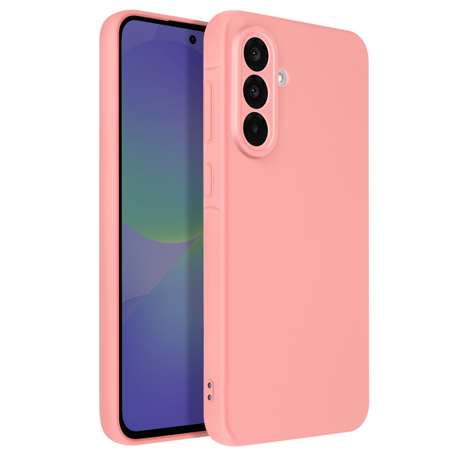 Een roze telefoonhoesje met een camera-uitsparing en knoppen, iets open, op een witte achtergrond.