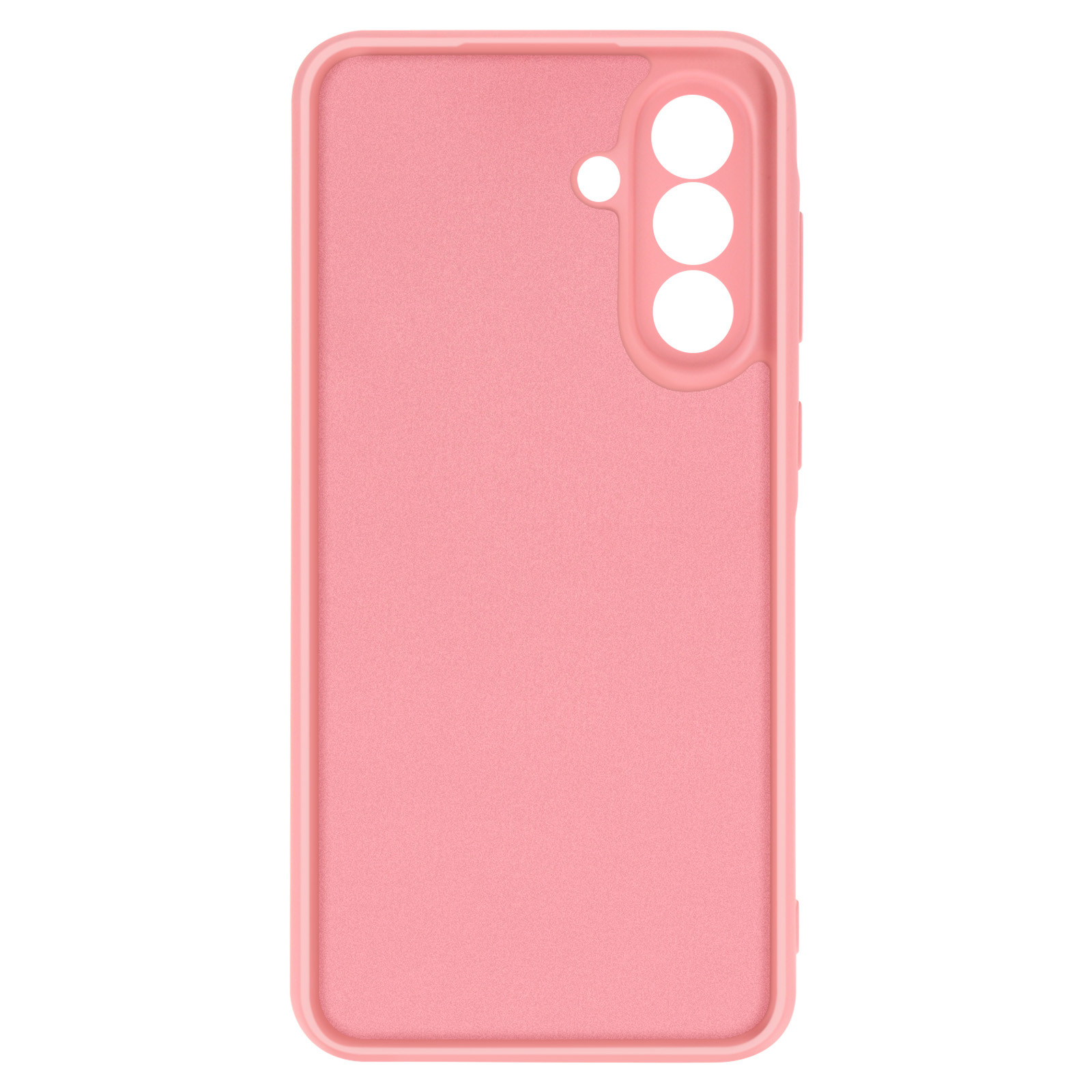 Roze telefoonhoesje met camera-uitsparingen. Eenvoudig ontwerp, gladde textuur.