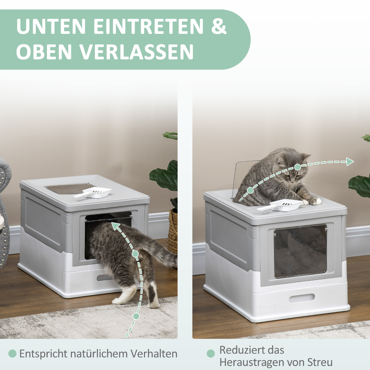 Zwei Bilder einer Katzentoilette. Katze betritt, dann verlässt. Text hebt natürliches Verhalten hervor.