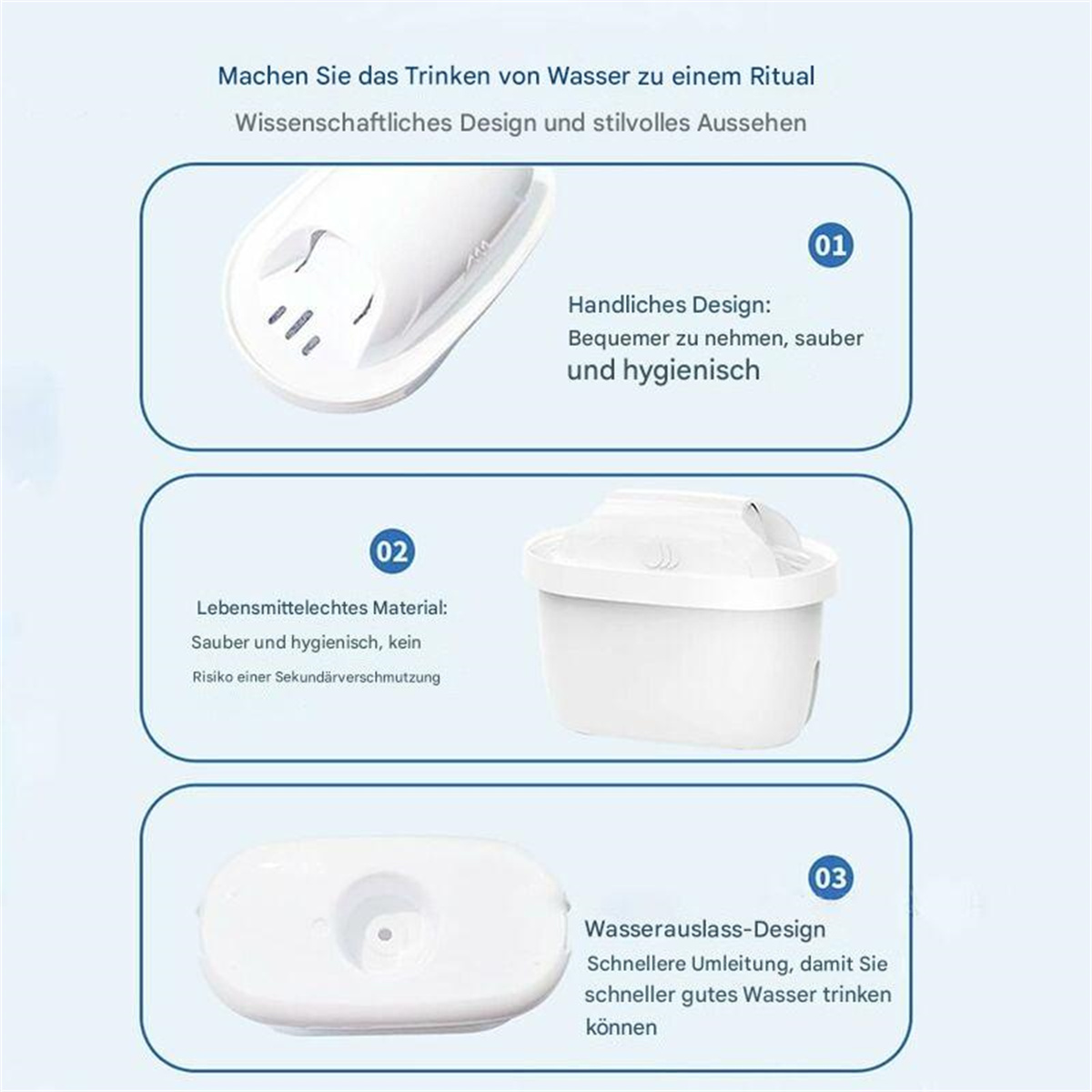 Diagramm zeigt Komponenten eines Wasserfilters: Griff, Filter und Wasserauslassdesign.