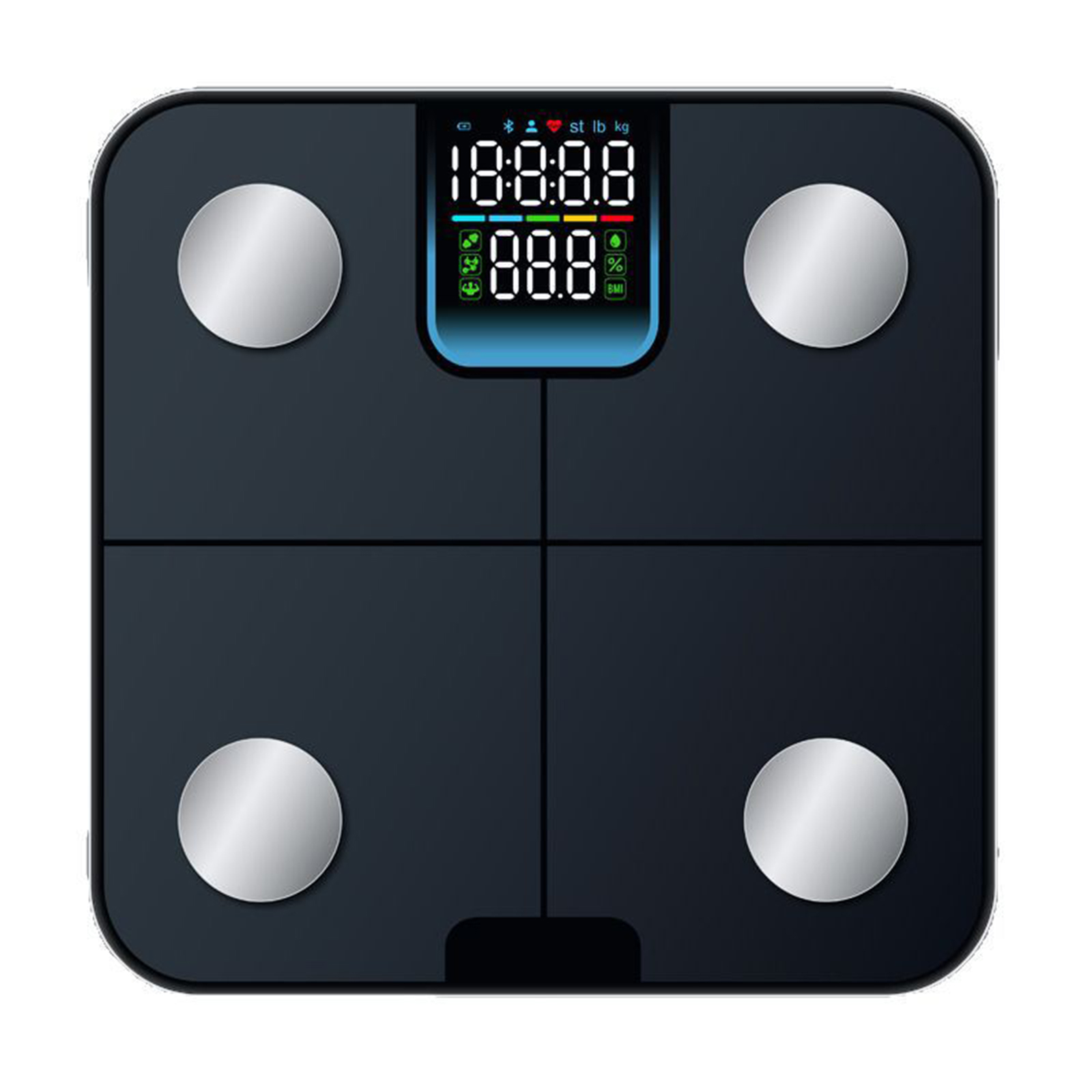 Eine schwarze intelligente Waage. Sie zeigt Gewicht und andere Metriken auf einem digitalen Bildschirm an.