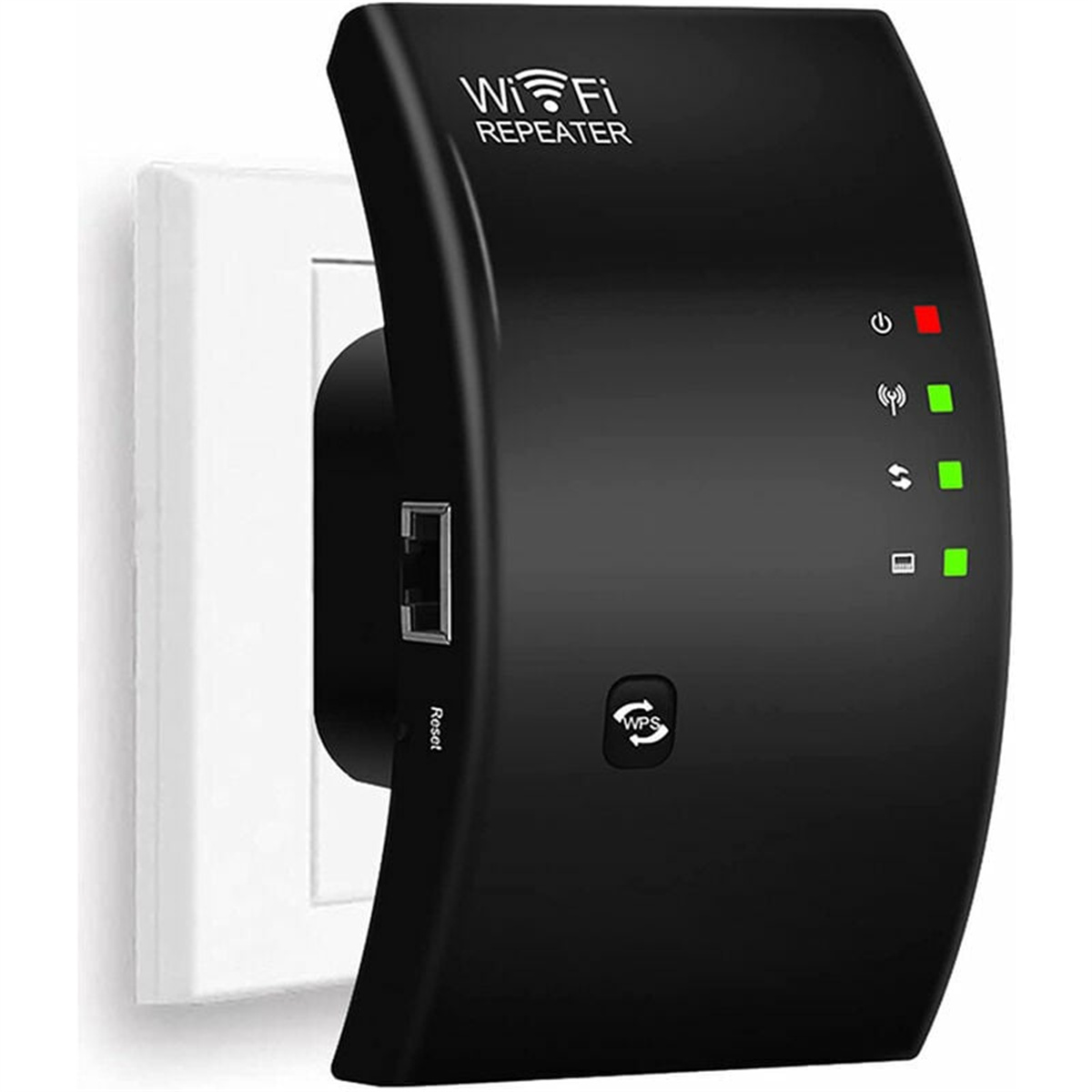 Ein schwarzer WLAN-Repeater, der an eine Steckdose angeschlossen ist, mit Strom- und Verbindungsstatusleuchten.