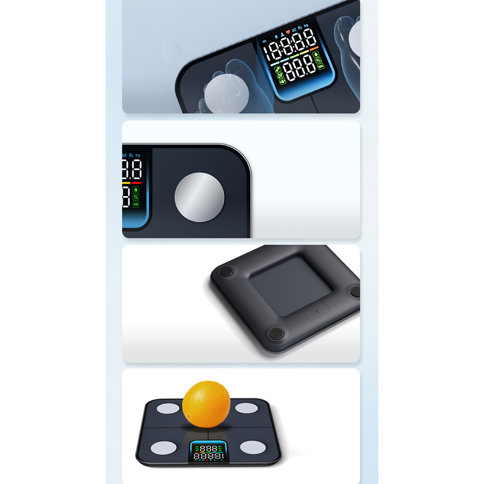 Schwarze Waage mit digitaler Anzeige. Zeigt Körpergewicht und eine Orange darauf.