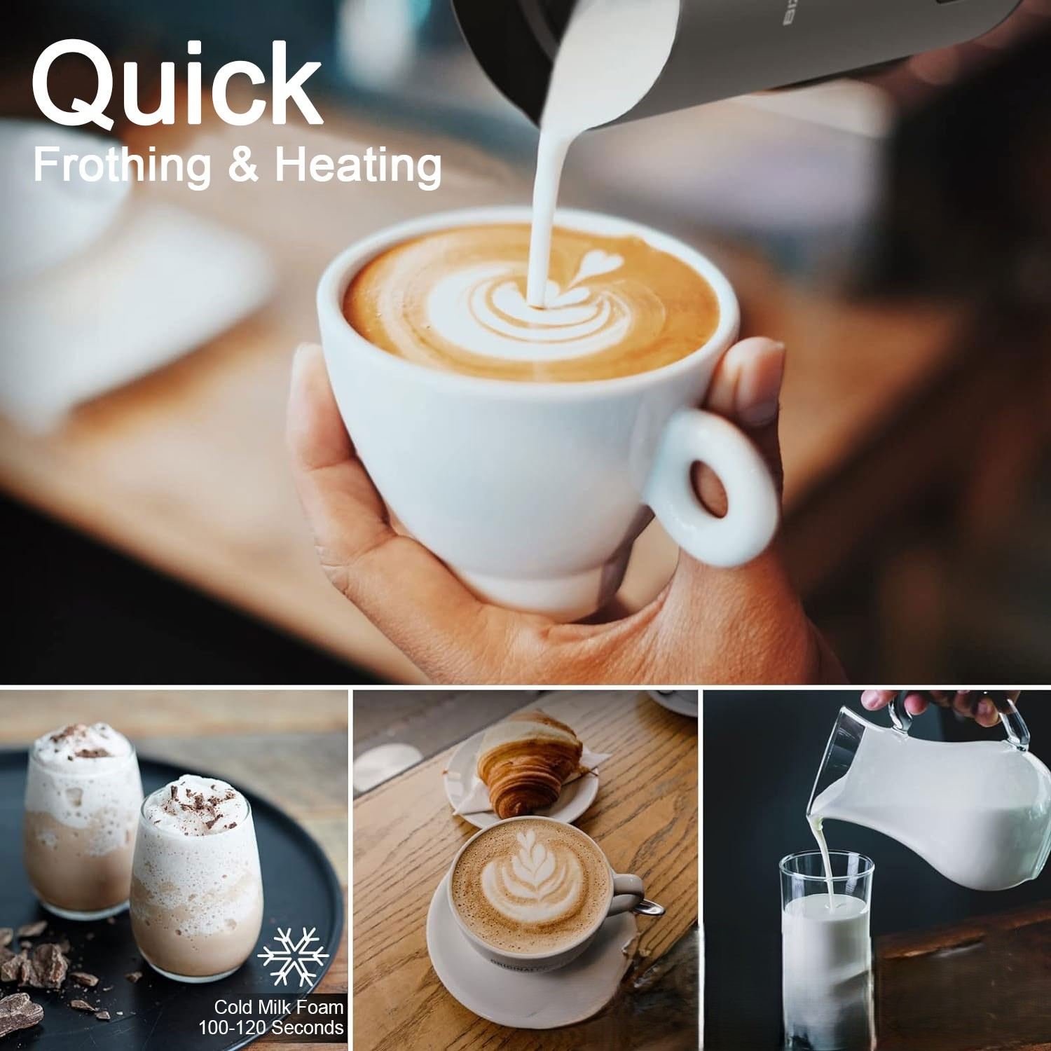 Milch wird in eine Tasse mit Latte Art gegossen, plus drei Bilder von Latte Art und Milch.