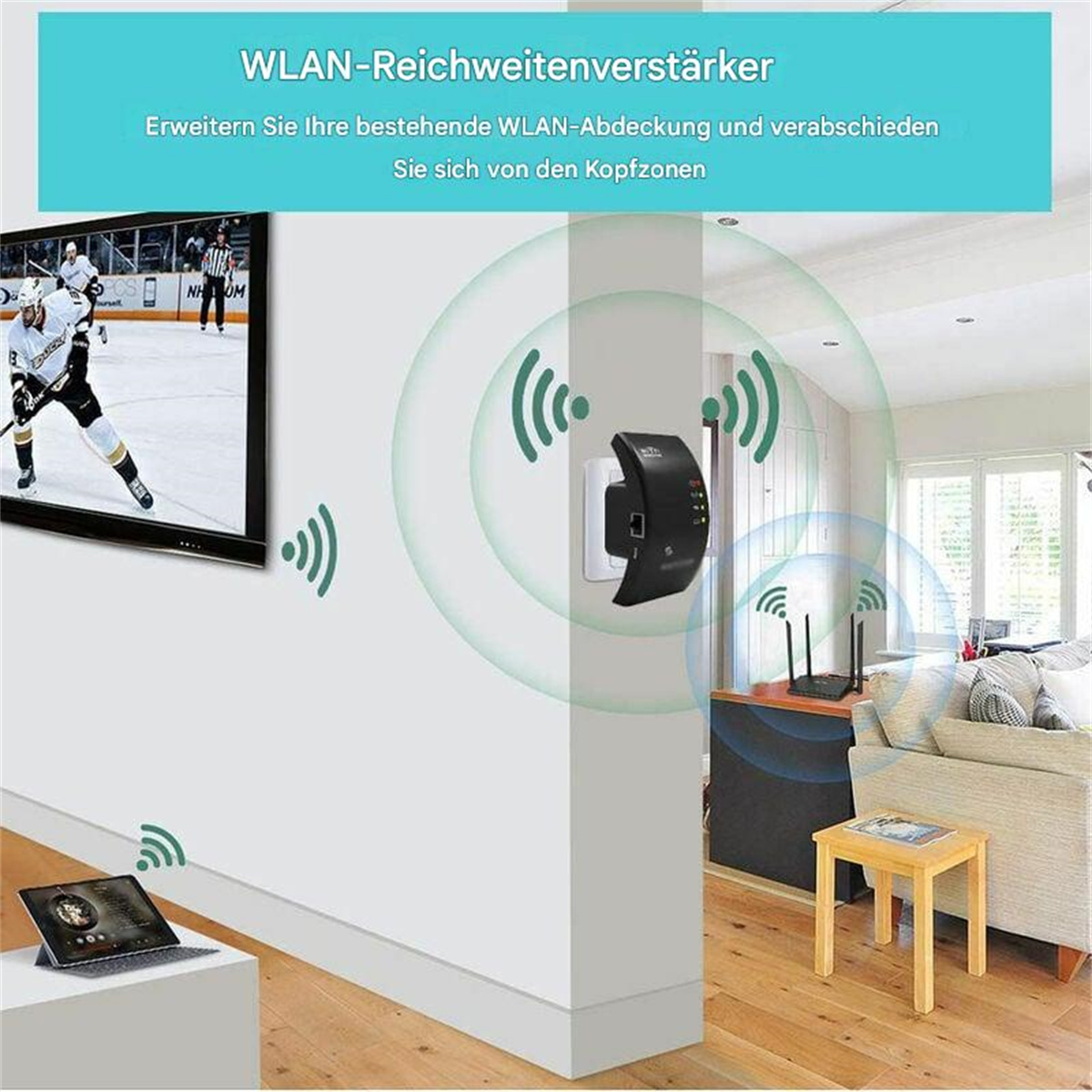 WLAN-Repeater mit Laptop und Fernseher. Zeigt Signalstärke mit Diagramm an.