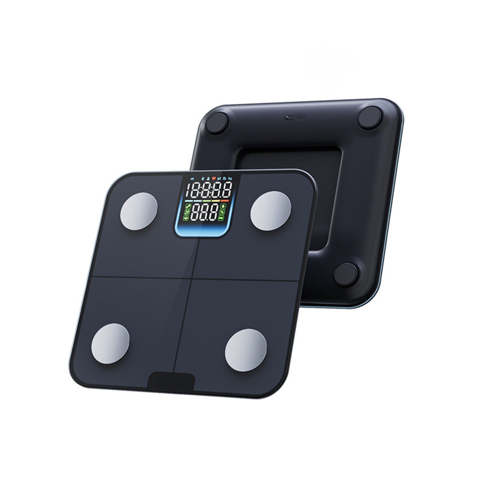Eine schwarze digitale Smart-Waage mit einer zweiten Waage daneben. Das Display zeigt Zahlen.