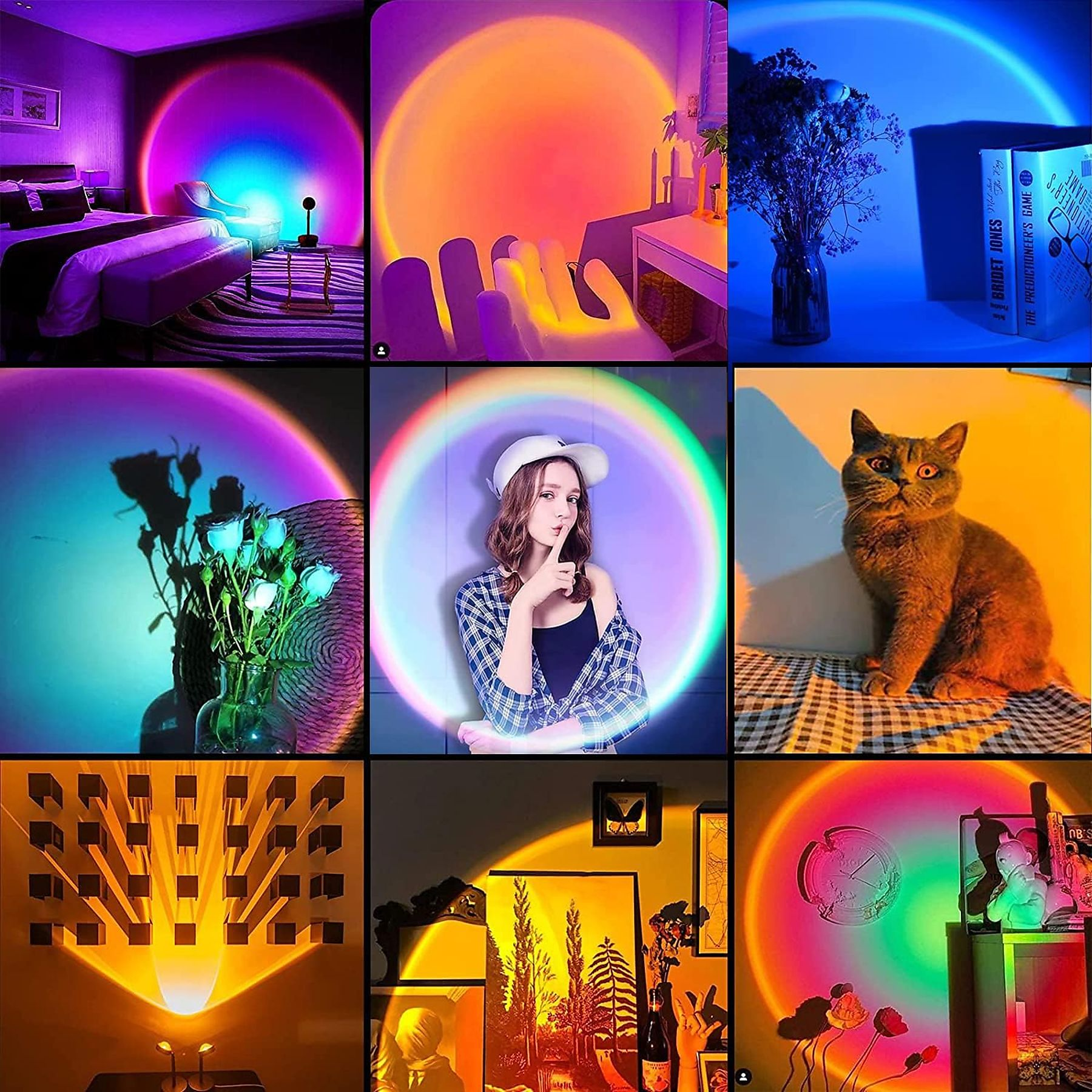 Eine Collage von Bildern, die die Wirkung einer Sonnenuntergangslampe auf verschiedene Szenen zeigen.