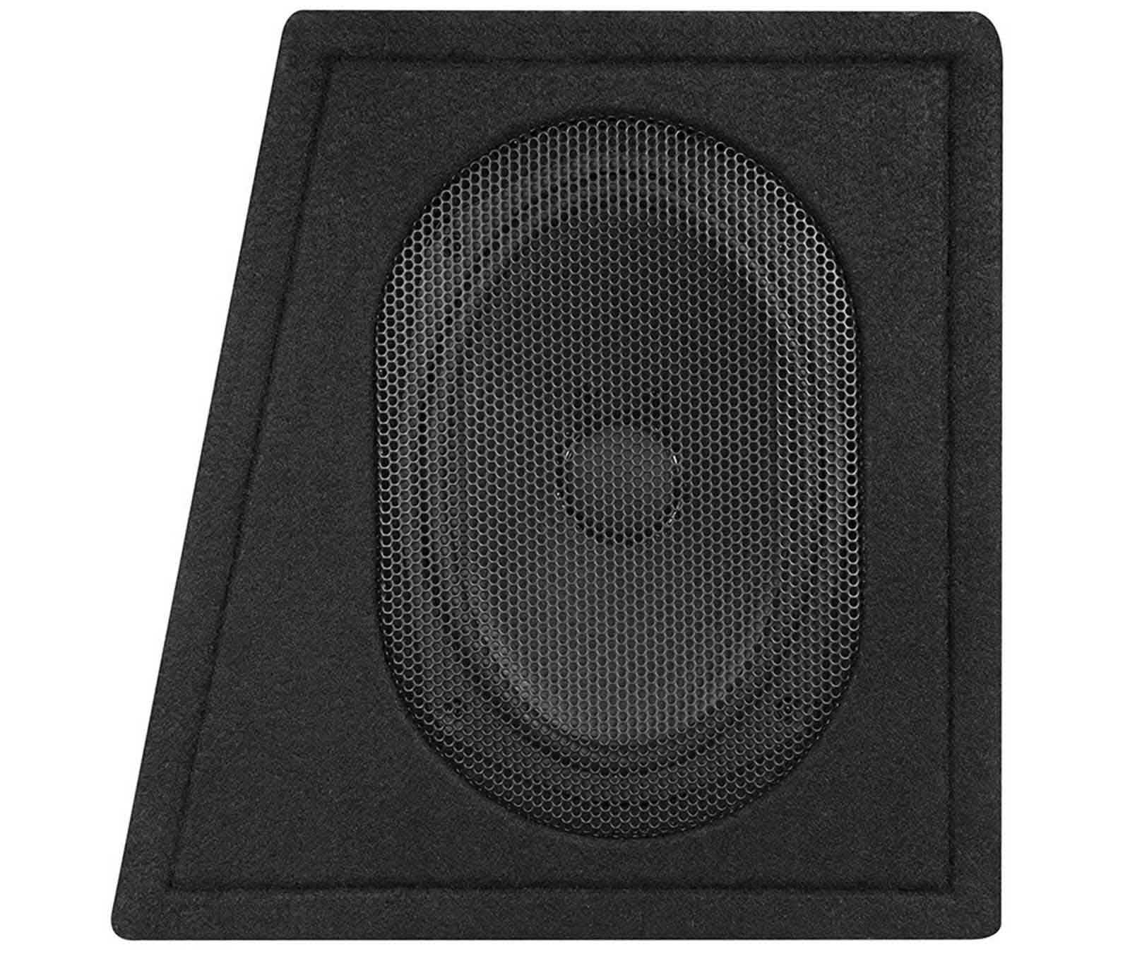Schwarze Lautsprecherbox mit einem Mesh-Gitter. Die Box hat eine abgewinkelte Seite.
