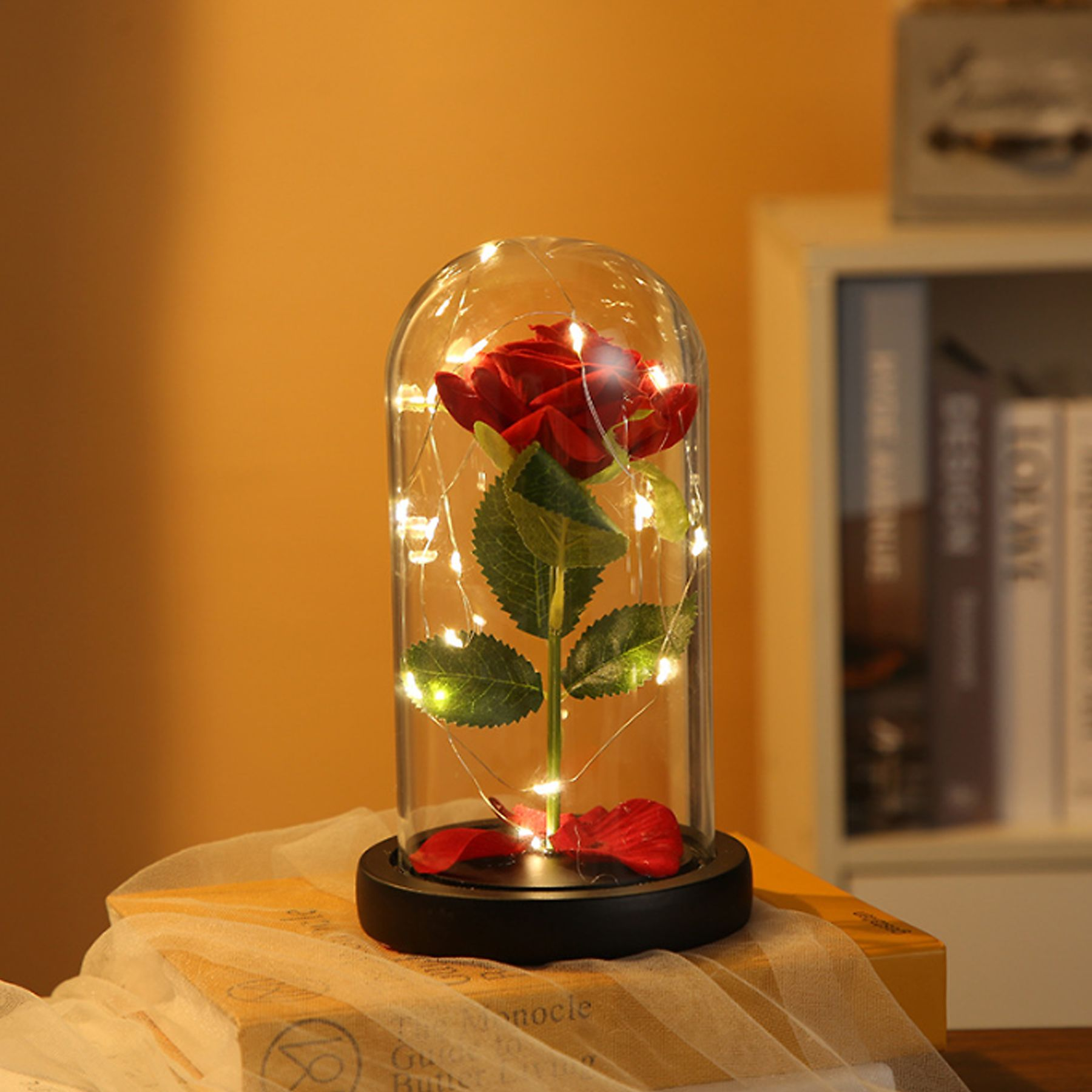 Eine rote Rose in einer Glaskuppel mit Lichterketten und schwarzem Sockel. Darunter ein Buch.
