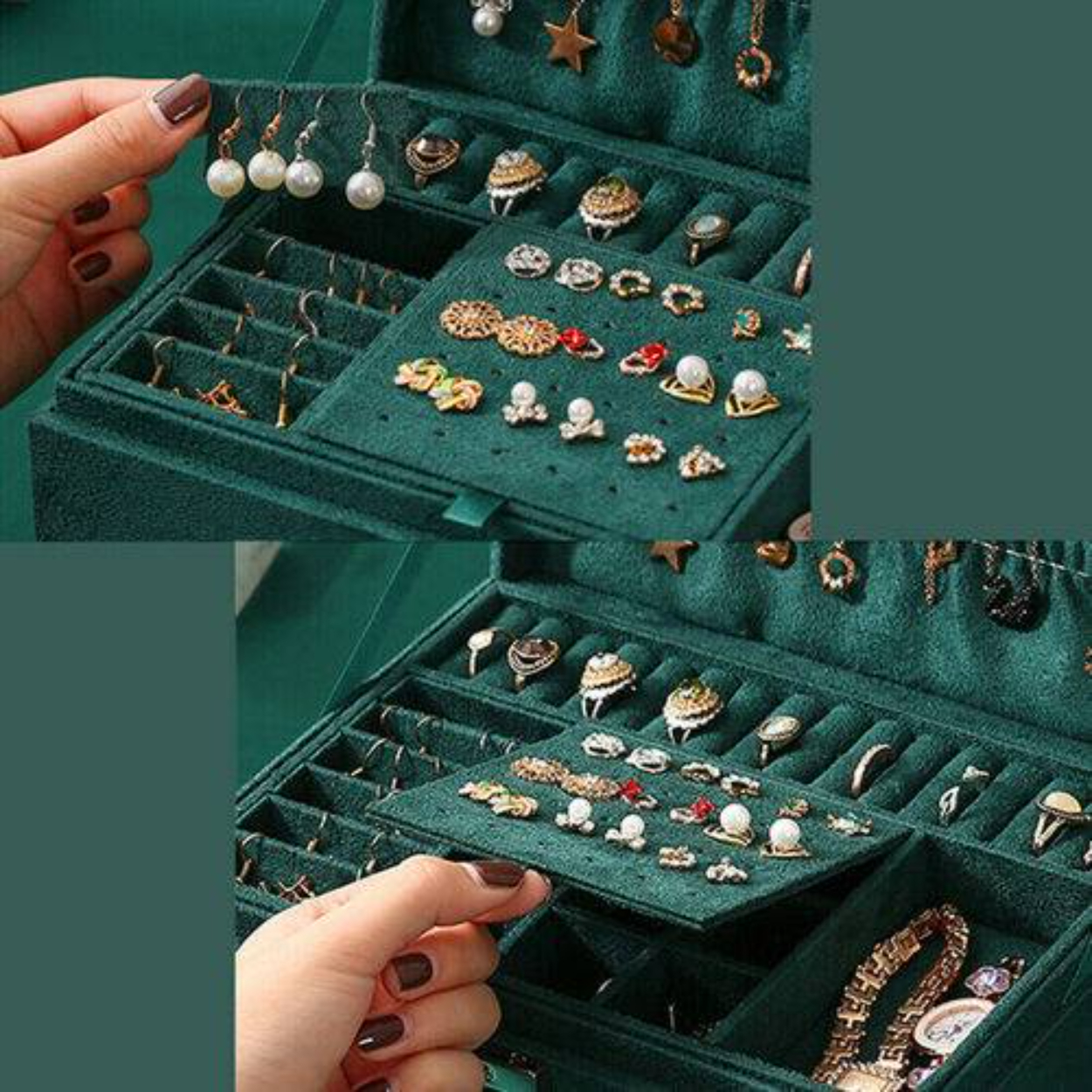 Eine grüne Schmuckschatulle geöffnet, mit einer Vielzahl von Schmuck, mit einer sichtbaren Hand.