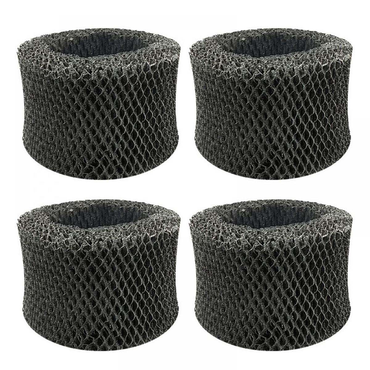 Vier schwarze Luftbefeuchterfilter. Die Filter haben eine wabenartige Struktur.