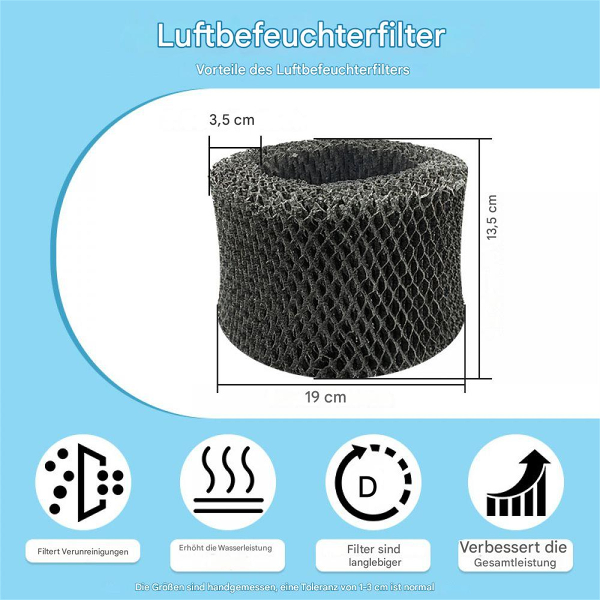 Ein Luftbefeuchterfilter mit beschrifteten Abmessungen und Symbolen, die seine Vorteile und Eigenschaften veranschaulichen.