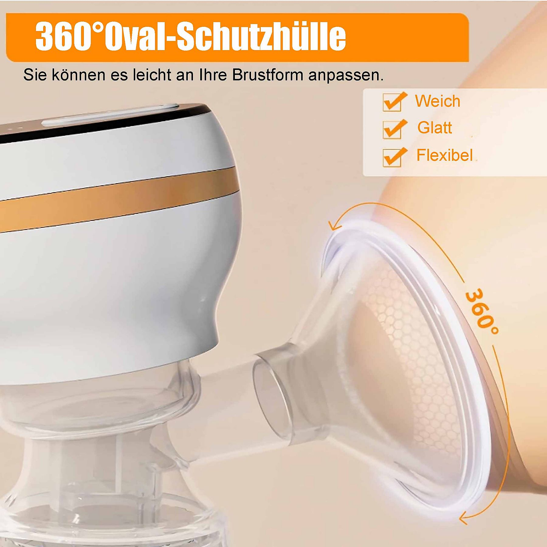Nahaufnahme einer Brustpumpe mit 360-Grad-Ovalschild und Text, der beschreibt, dass sie weich, glatt und flexibel ist.