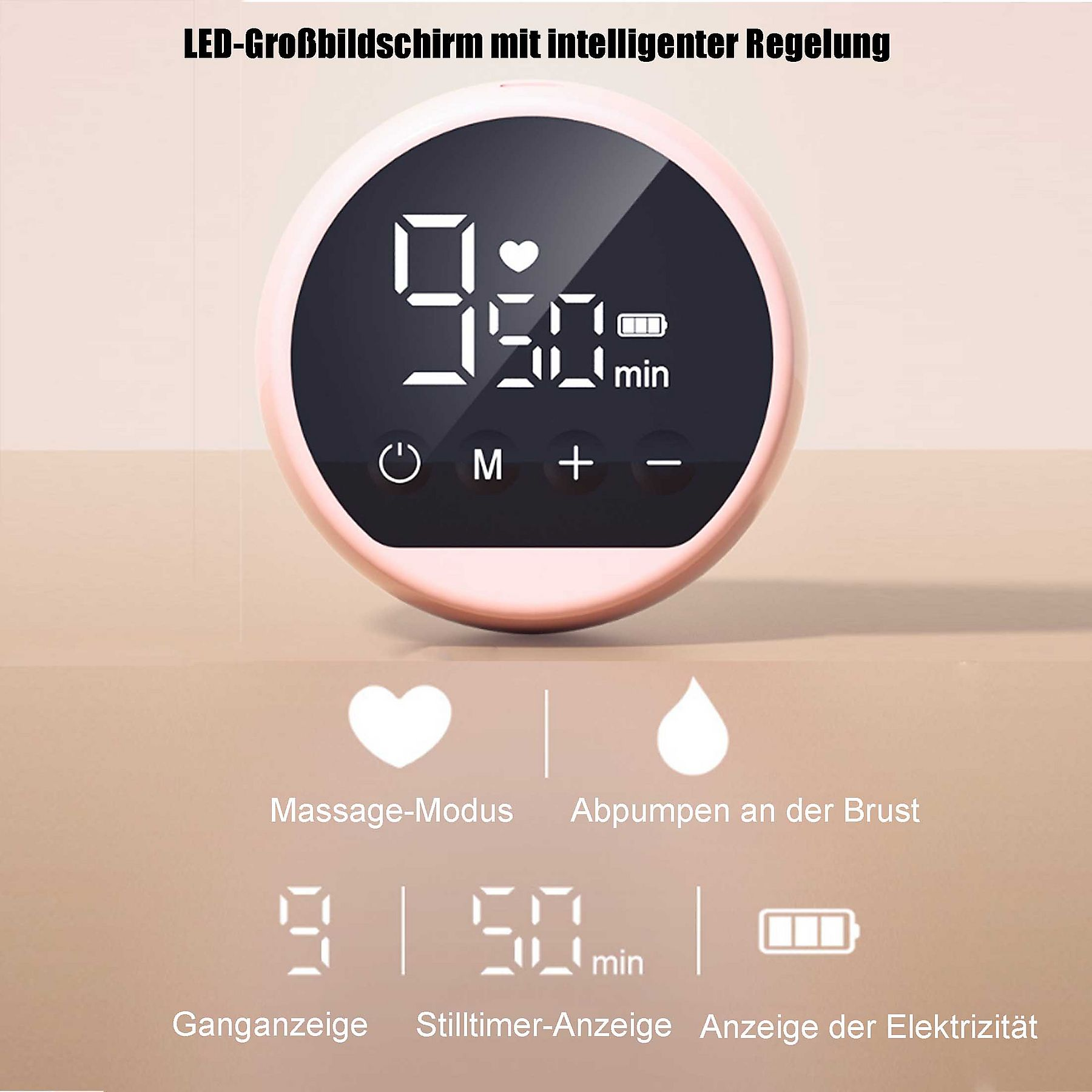 Rosa Brustpumpe mit digitalem Display. Text ist auf Deutsch. Weißer Hintergrund.