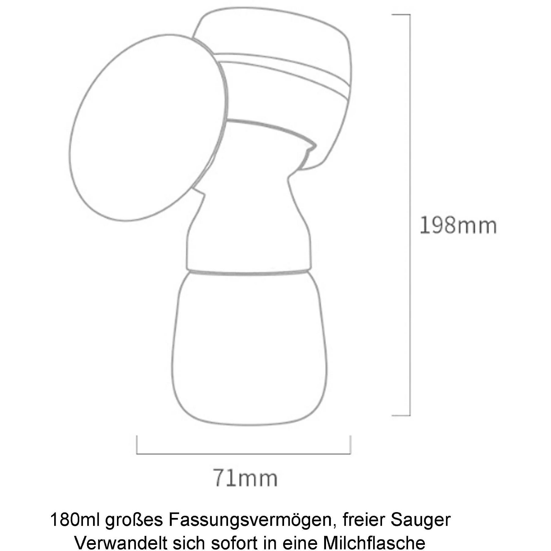Eine weiße und graue Brustpumpe mit Millimeter-Maßen.