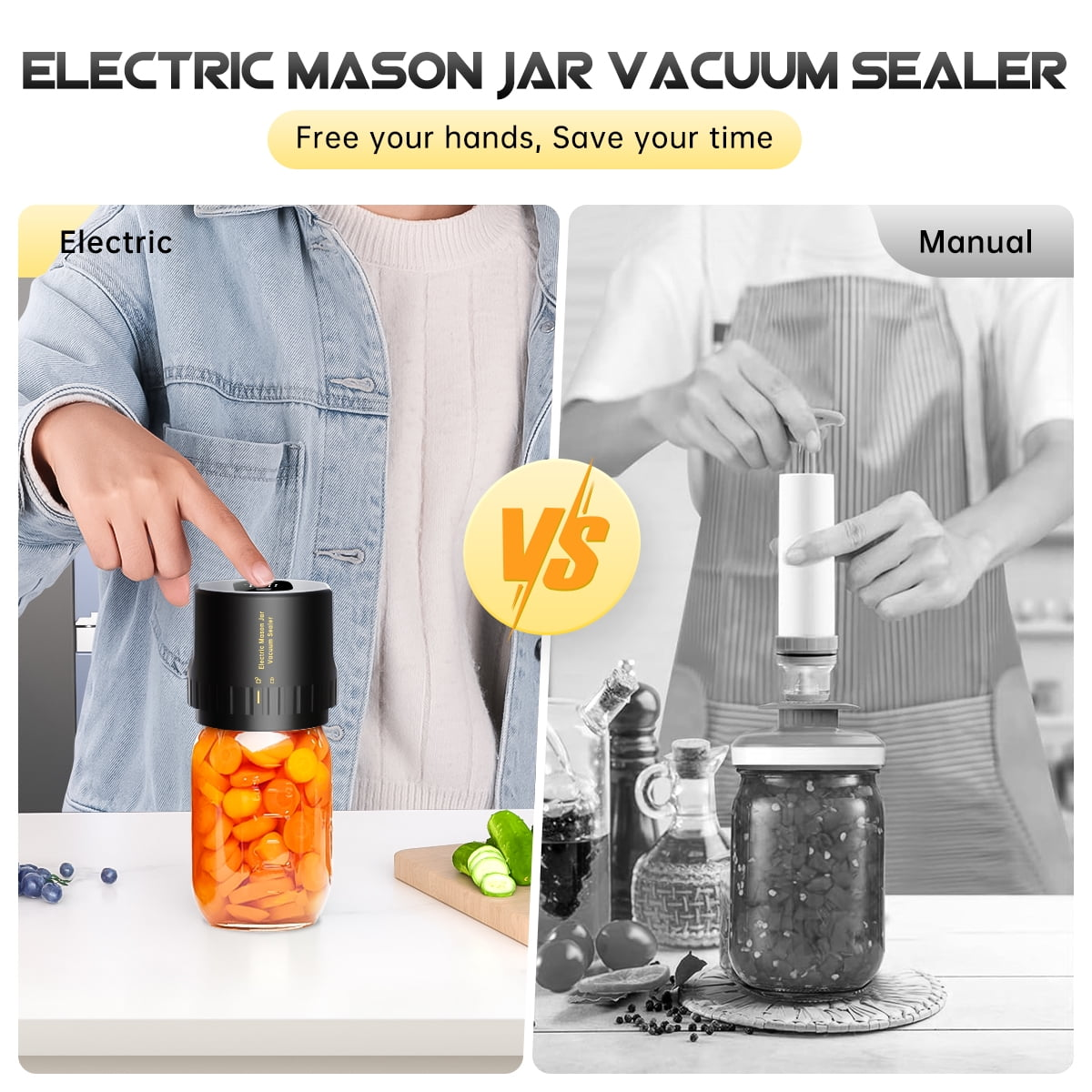 Elektrische und manuelle Einmachglas-Vakuumierer. Zeigt ein Glas mit Karotten und Bohnen.