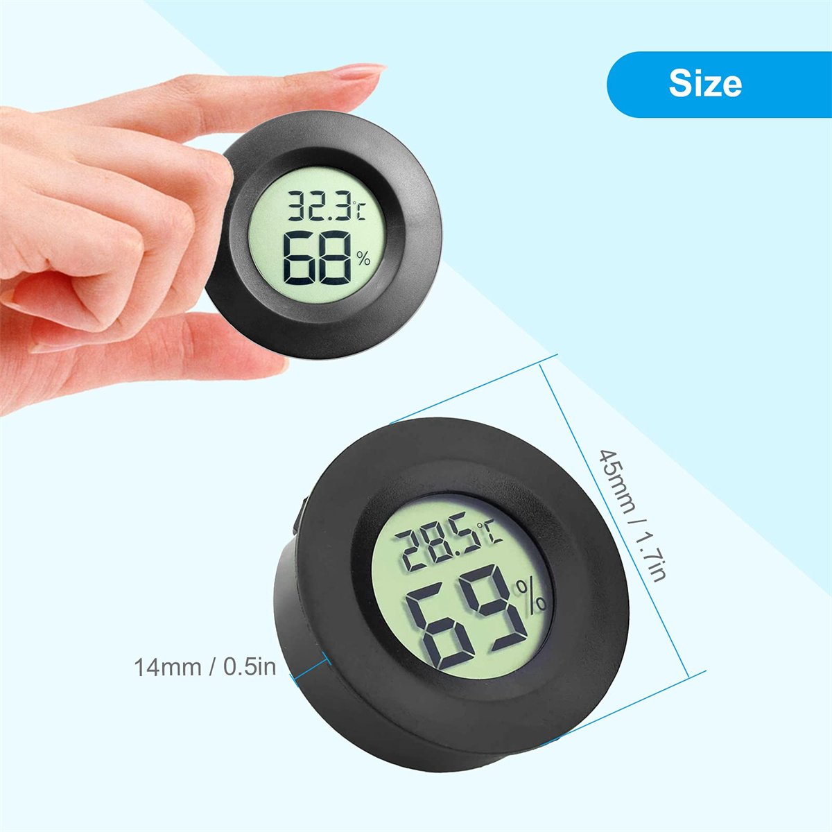 Zwei kleine digitale Thermometer mit Temperatur- und Feuchtigkeitsanzeige. Größenangaben sind vorhanden.