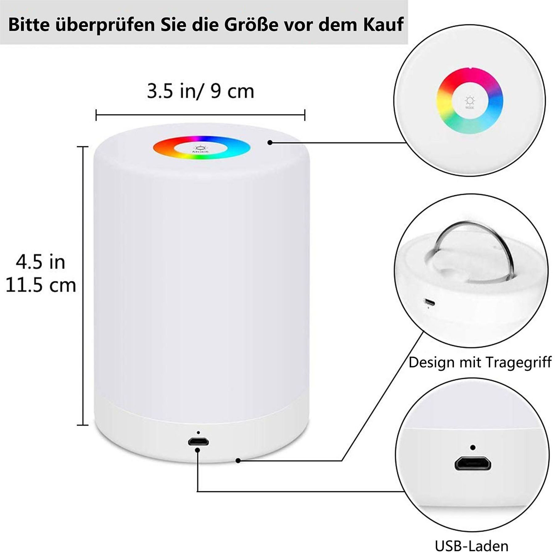 Eine weiße Lampe mit farbwechselnder Oberseite, Diagramme zeigen Abmessungen und Funktionen.