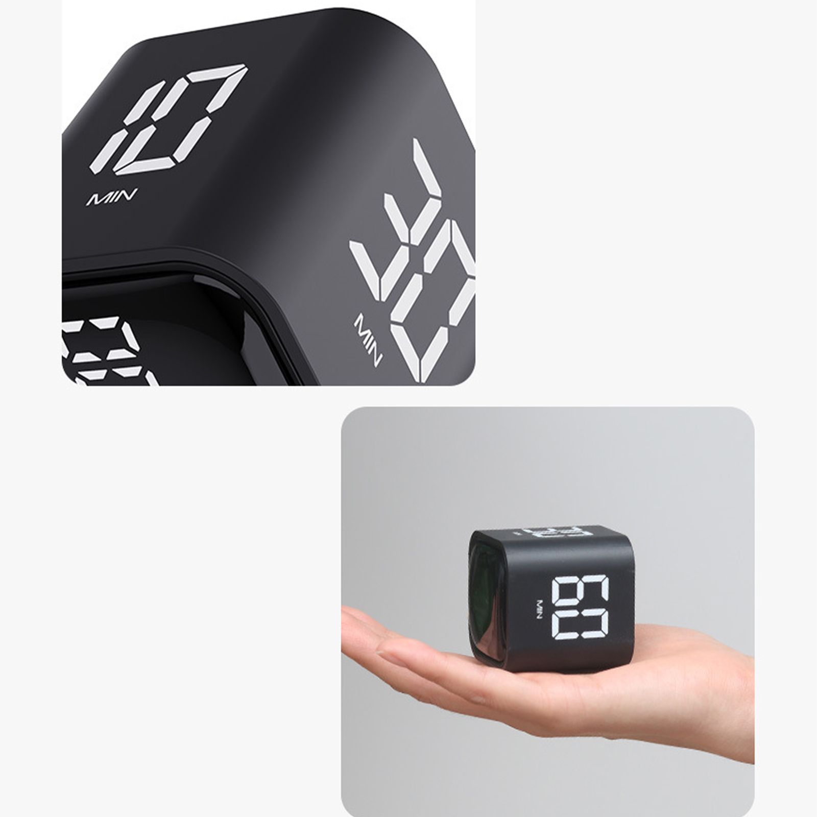 Schwarzer Würfel-Timer mit weißen Zahlen und weißer Schrift. Eine Hand hält ihn.