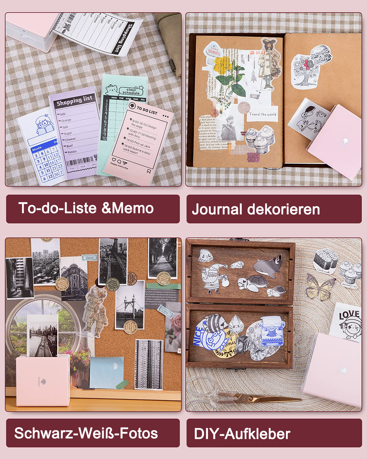 Collage von Schreibwaren: To-do-Listen, Journale, Fotos und Aufkleber, auf einem Tisch angeordnet.