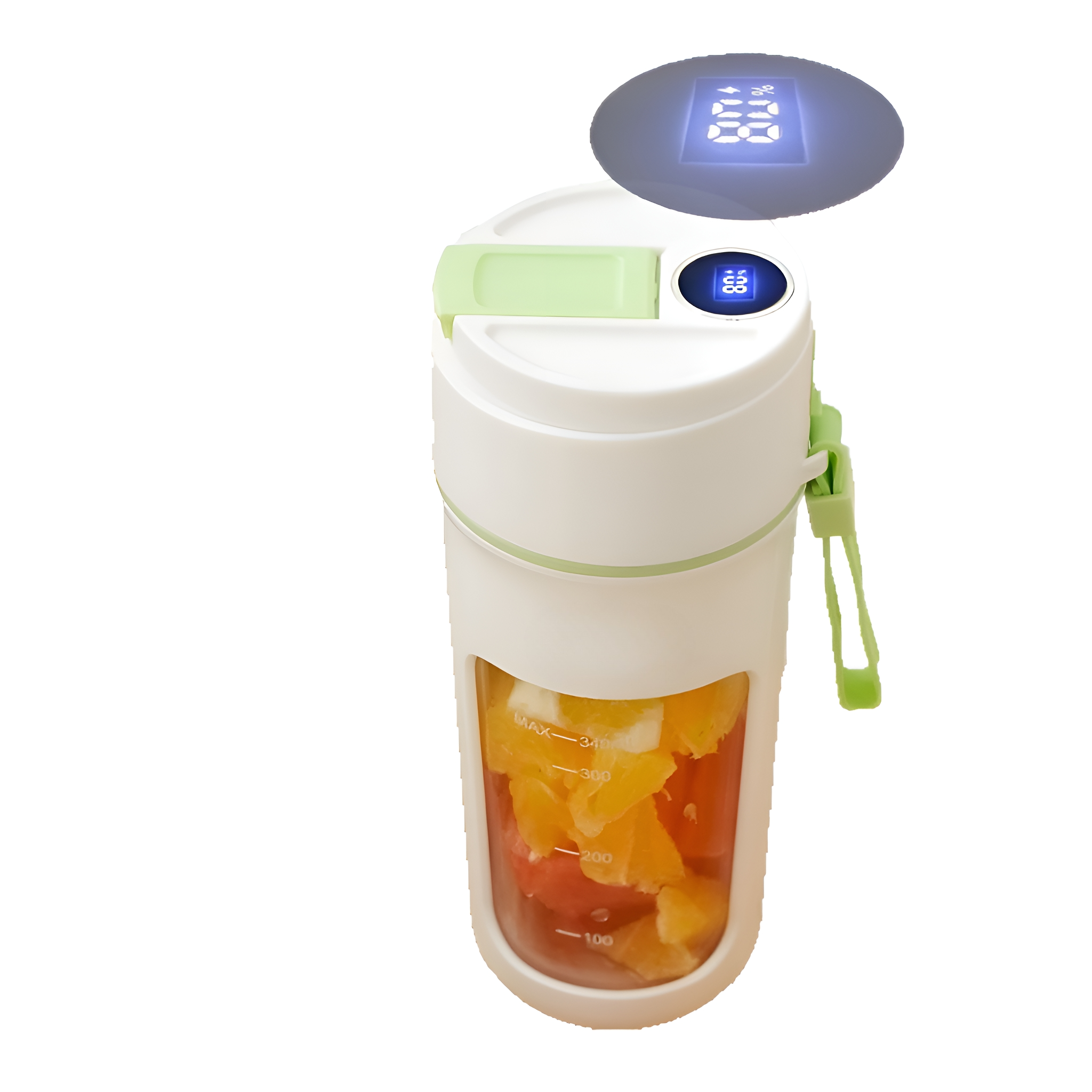 Ein weißer und grüner tragbarer Mixer mit Obst im Inneren. Es gibt eine Digitalanzeige.