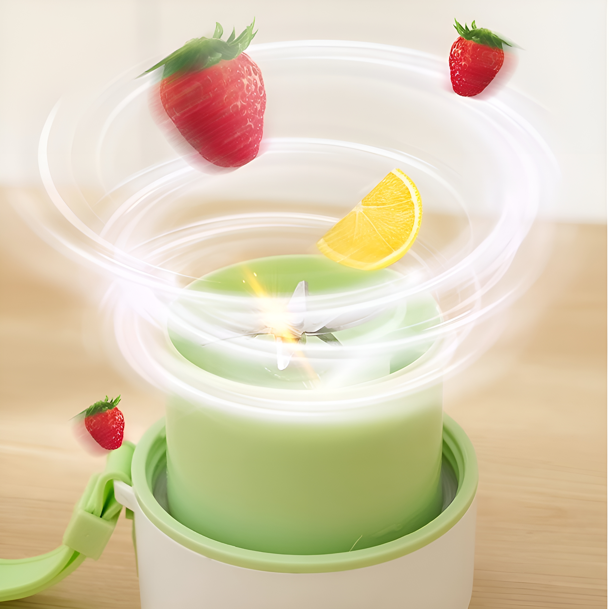 Ein Mixer mit Erdbeeren und einer Zitronenscheibe, die sich darum drehen und einen Smoothie-Effekt erzeugen.