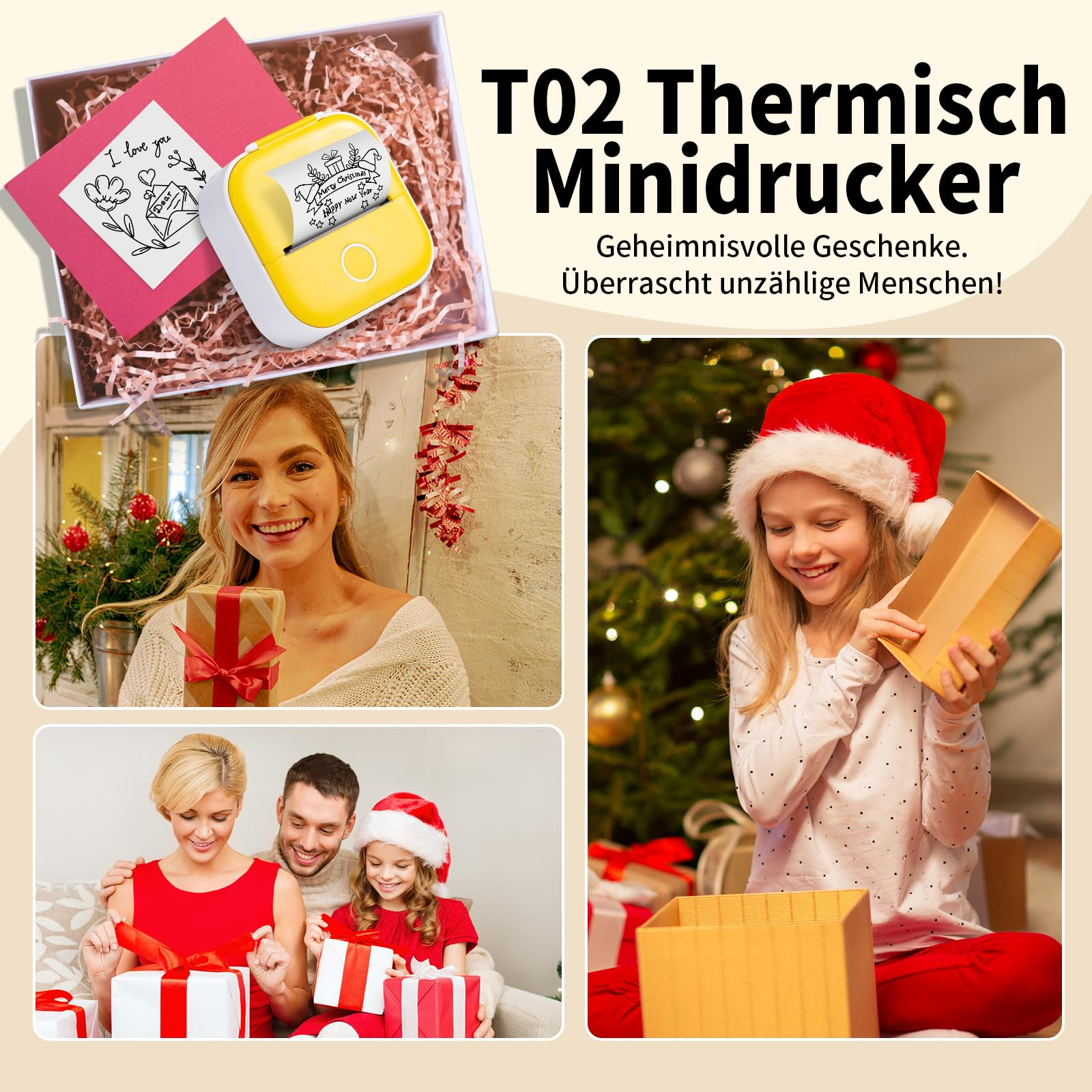 Ein thermischer Mini-Drucker mit Geschenken und Menschen, die sie öffnen. Ein Mädchen trägt einen Weihnachtsmannhut.