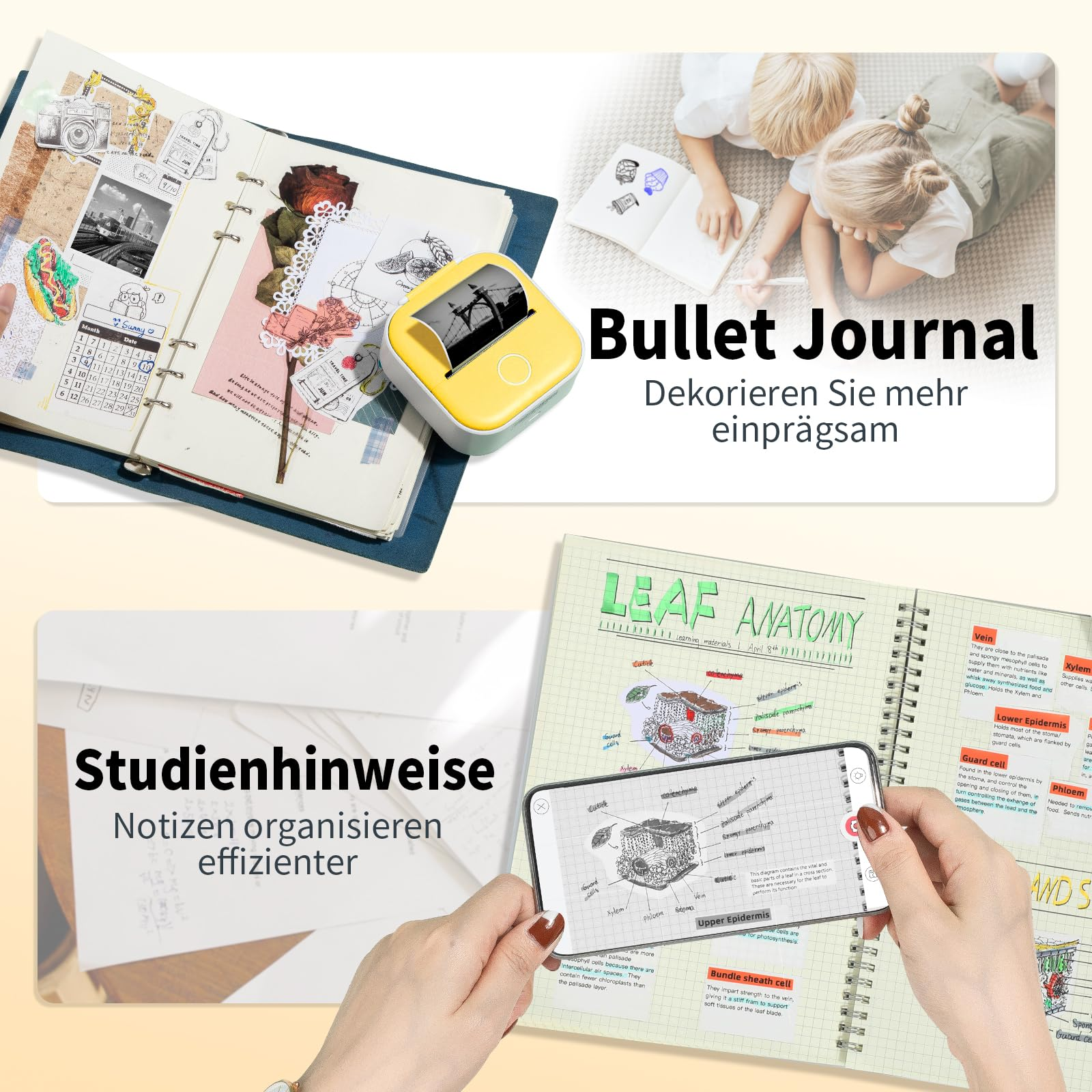 Leute erstellen ein Bullet Journal. Texte: Bullet Journal, Studienhinweise, Leaf Anatomy.