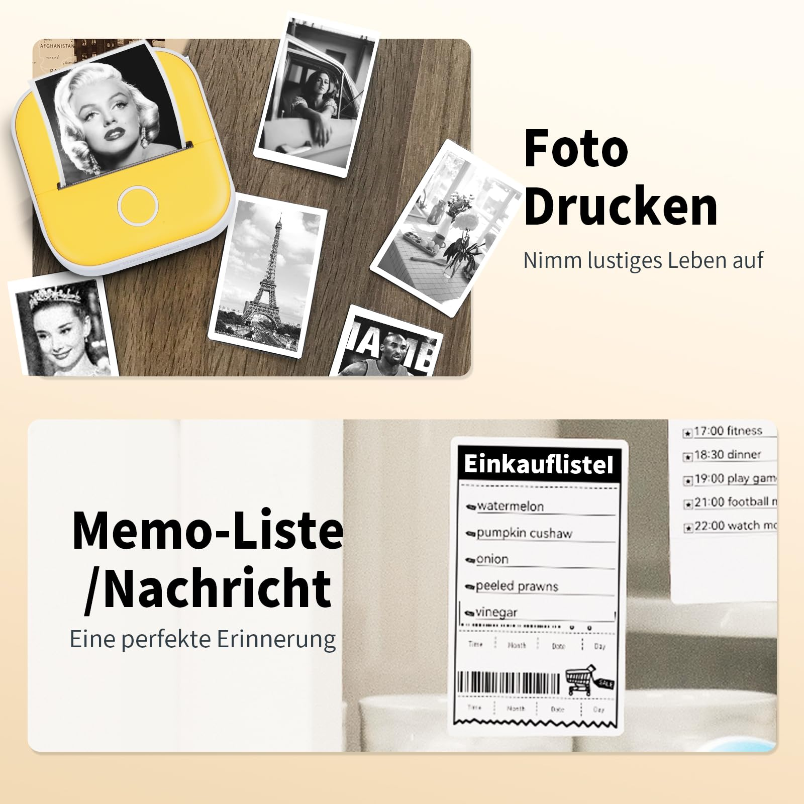 Ein gelber tragbarer Fotodrucker mit gedruckten Fotos und einer Einkaufsliste auf Holzoberfläche.