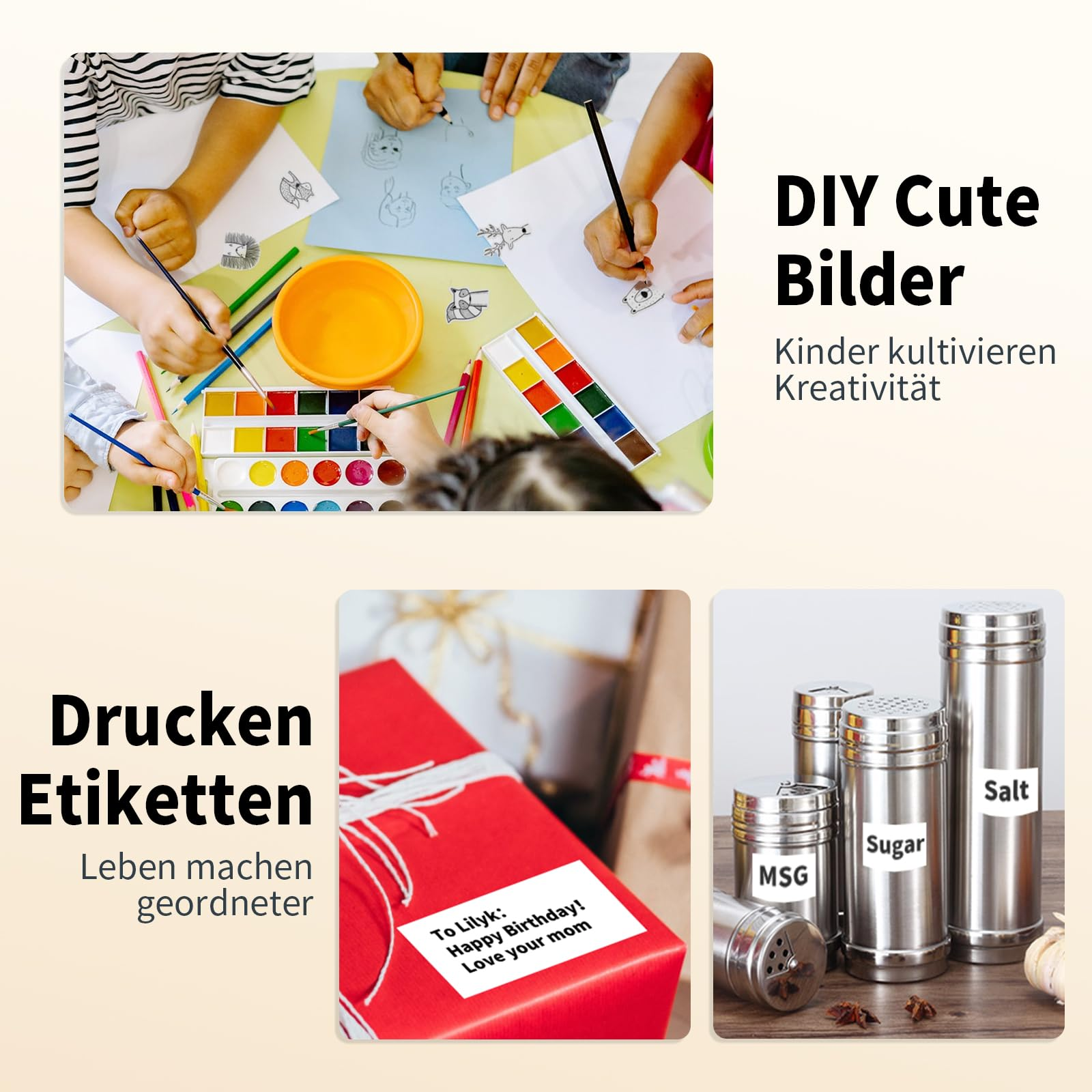 Kinder malen mit Aquarellfarben und DIY-Bilder mit Etiketten.
