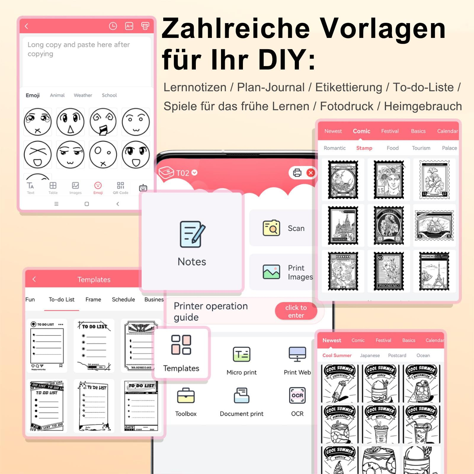 Ein Telefon mit App-Oberflächen. Verschiedene Vorlagen werden gezeigt, Text auf Deutsch.