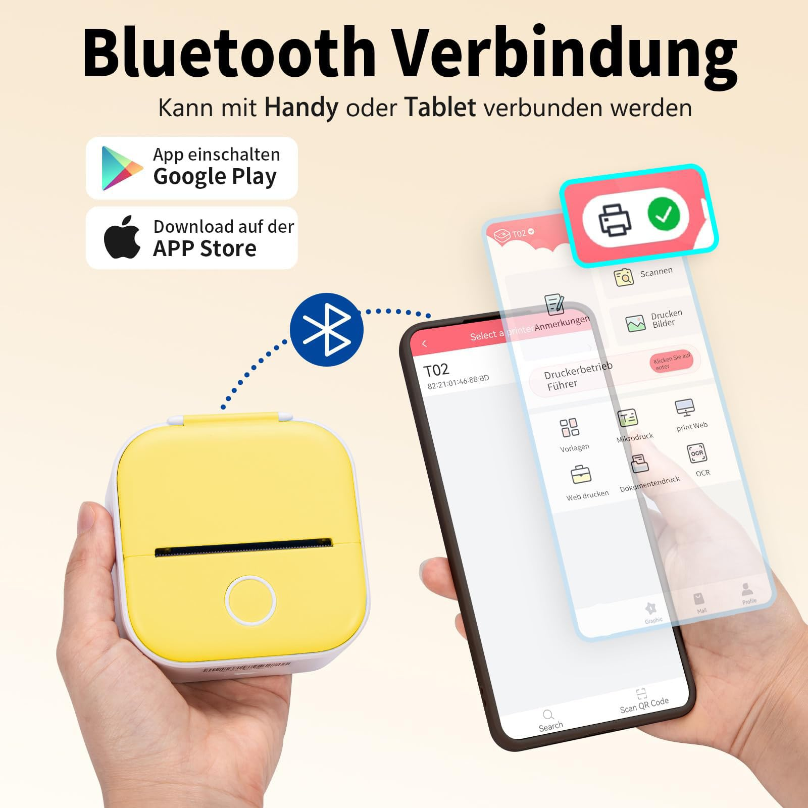 Ein gelb-weißer Handheld-Drucker mit einem Tablet, das Druckoptionen und ein Bluetooth-Symbol zeigt.