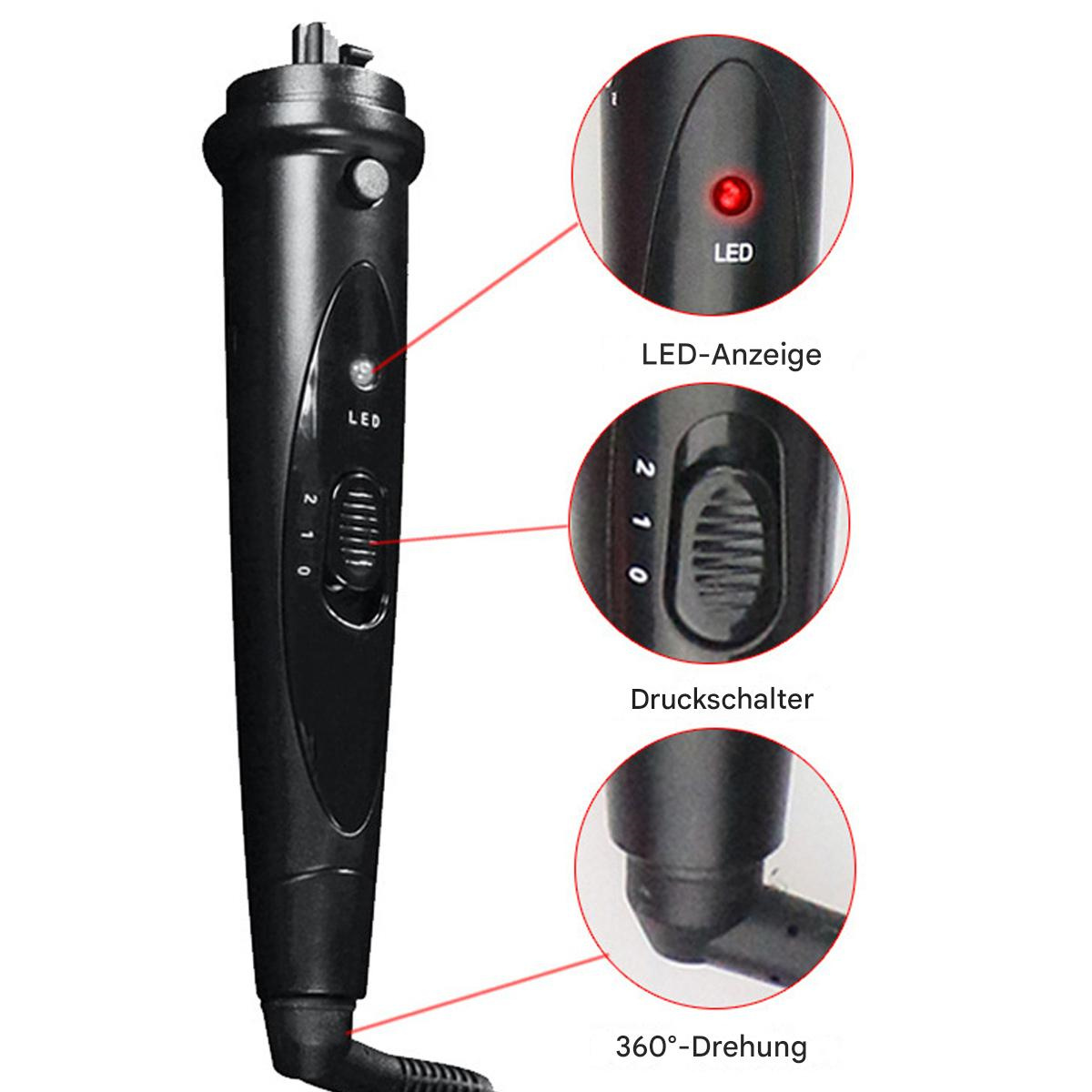 Schwarzer Lockenstab mit roter LED-Anzeige und Einstellungsmöglichkeiten.