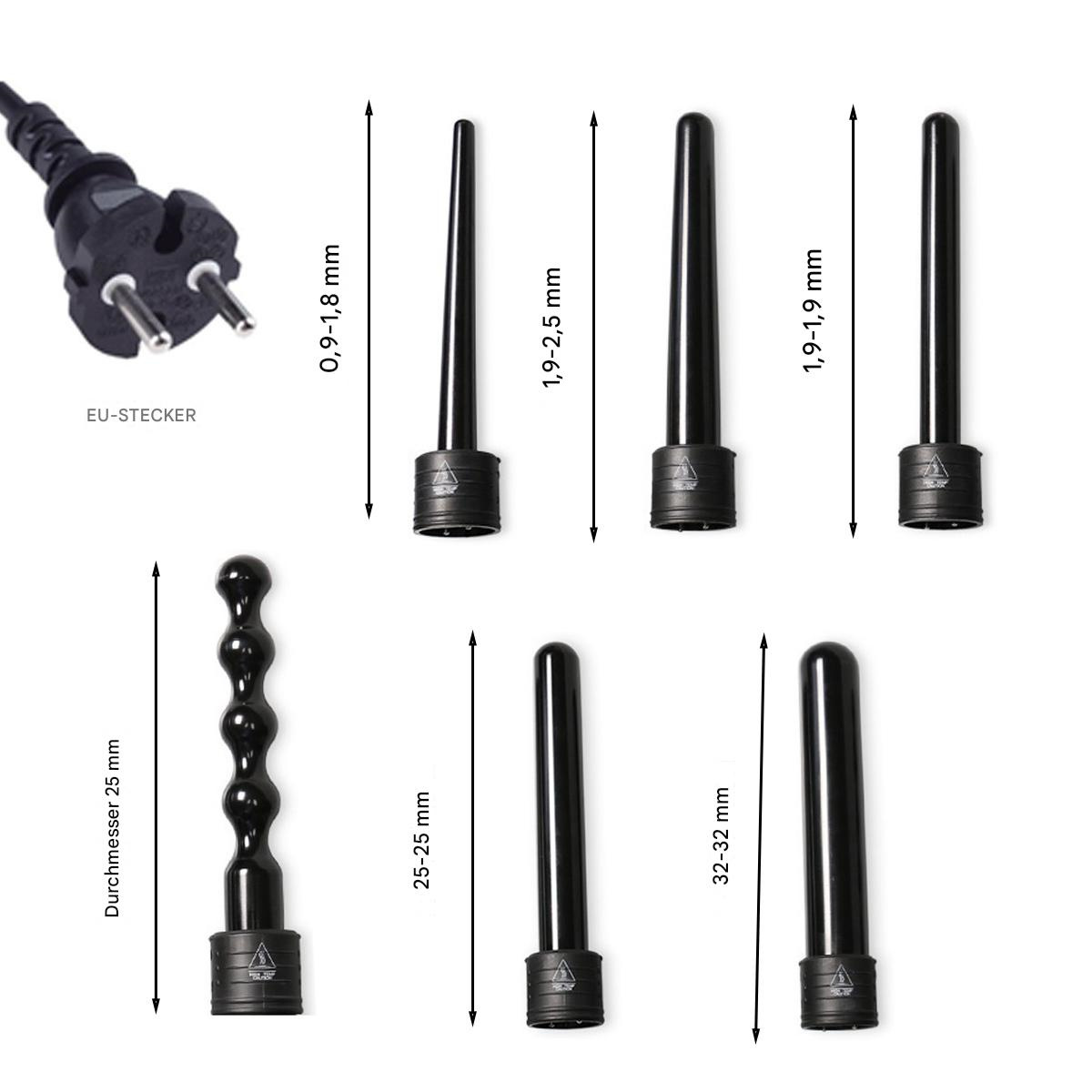 Aufsätze für Lockenwickler und EU-Stecker auf weißem Hintergrund. Schwarze Aufsätze in verschiedenen Größen.