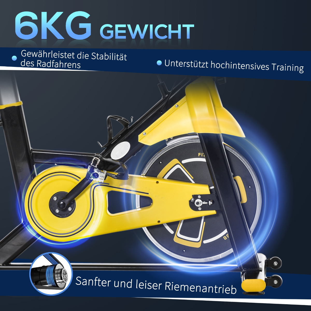 Gelb-schwarzes Trainingsfahrrad mit Grafiken, die seine Eigenschaften und sein Gewicht veranschaulichen.