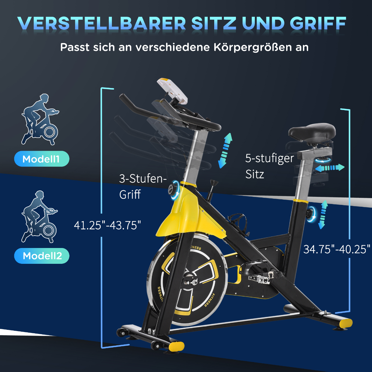 Spinbike mit verstellbarem Sitz und Griff. Text zeigt verstellbaren Bereich und Modellillustrationen.