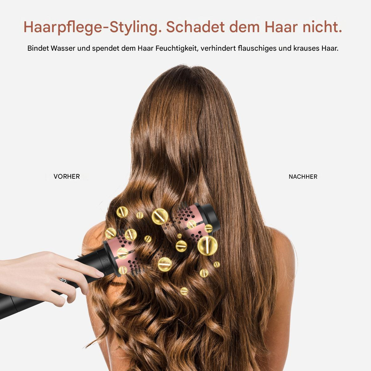 Eine Frau benutzt einen rosa-schwarzen Haartrockner auf langen braunen Haaren, mit Text auf Deutsch zur Haarpflege.