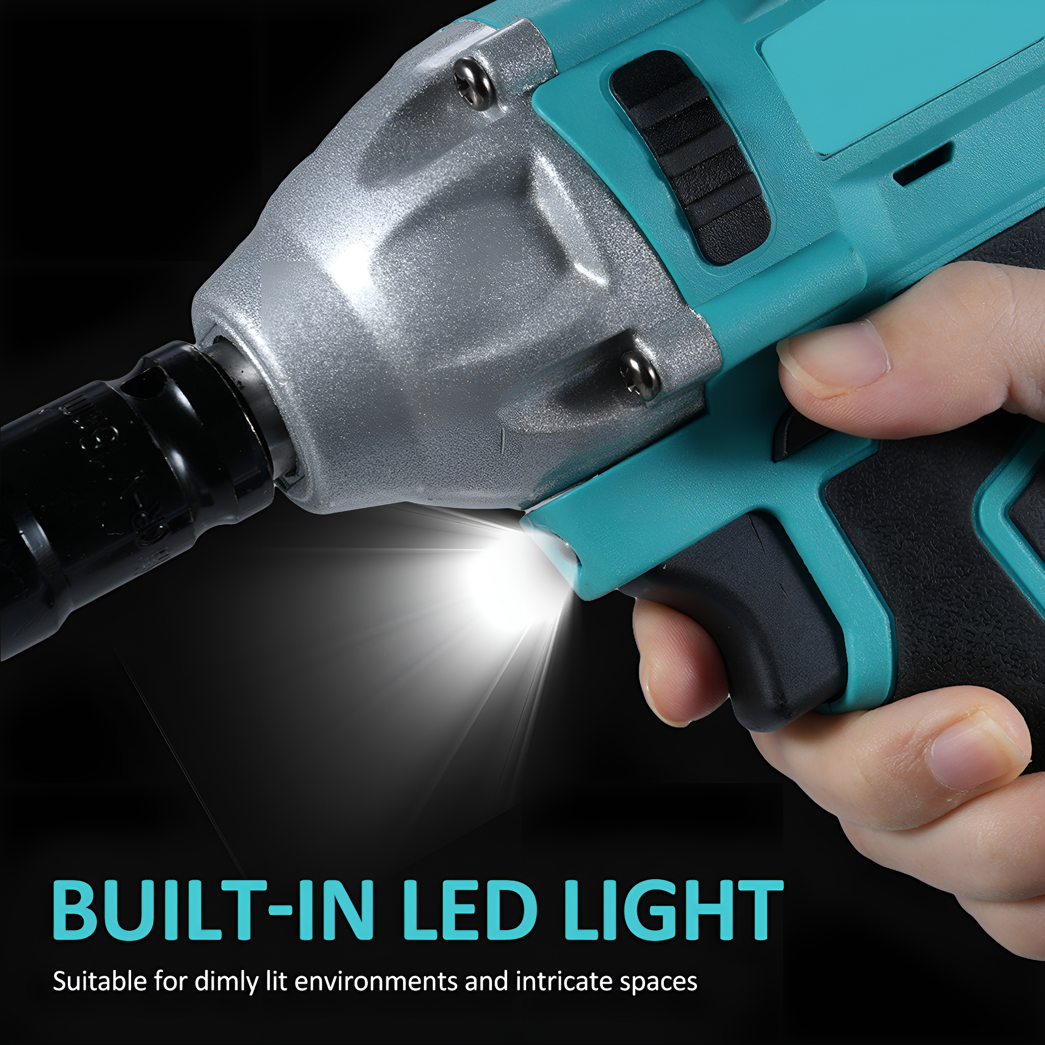 Eine türkisblaue und schwarze Bohrmaschine mit eingebautem LED-Licht. Eine Hand hält die Bohrmaschine.