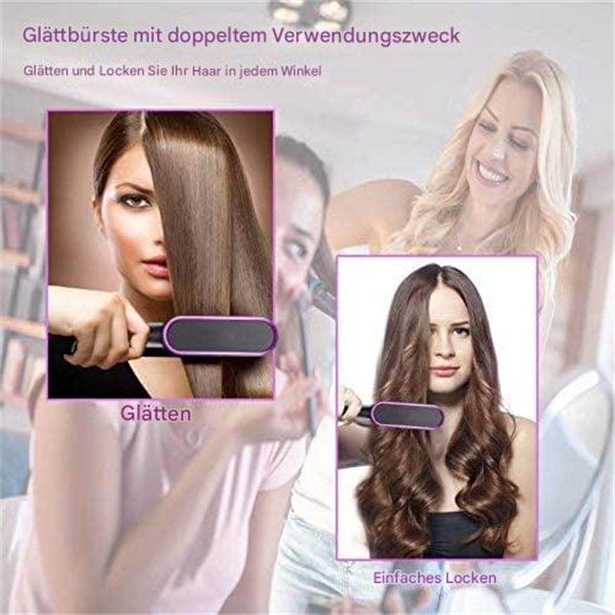 Frau benutzt eine Glättungsbürste, zeigt sowohl glattes als auch gelocktes Haar.