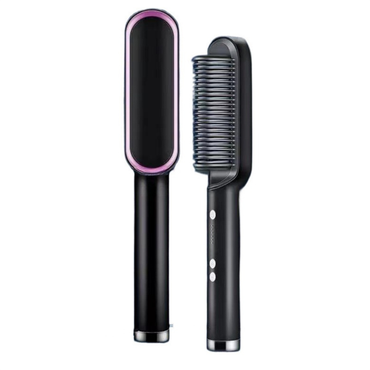 Zwei schwarze Haarglättungsbürsten, eine mit rosa Zierleiste, nebeneinander platziert.