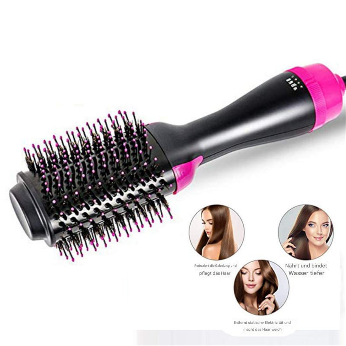 Eine schwarz-pinke Haartrocknerbürste. Drei Bilder zeigen Ergebnisse des Haarstylings.