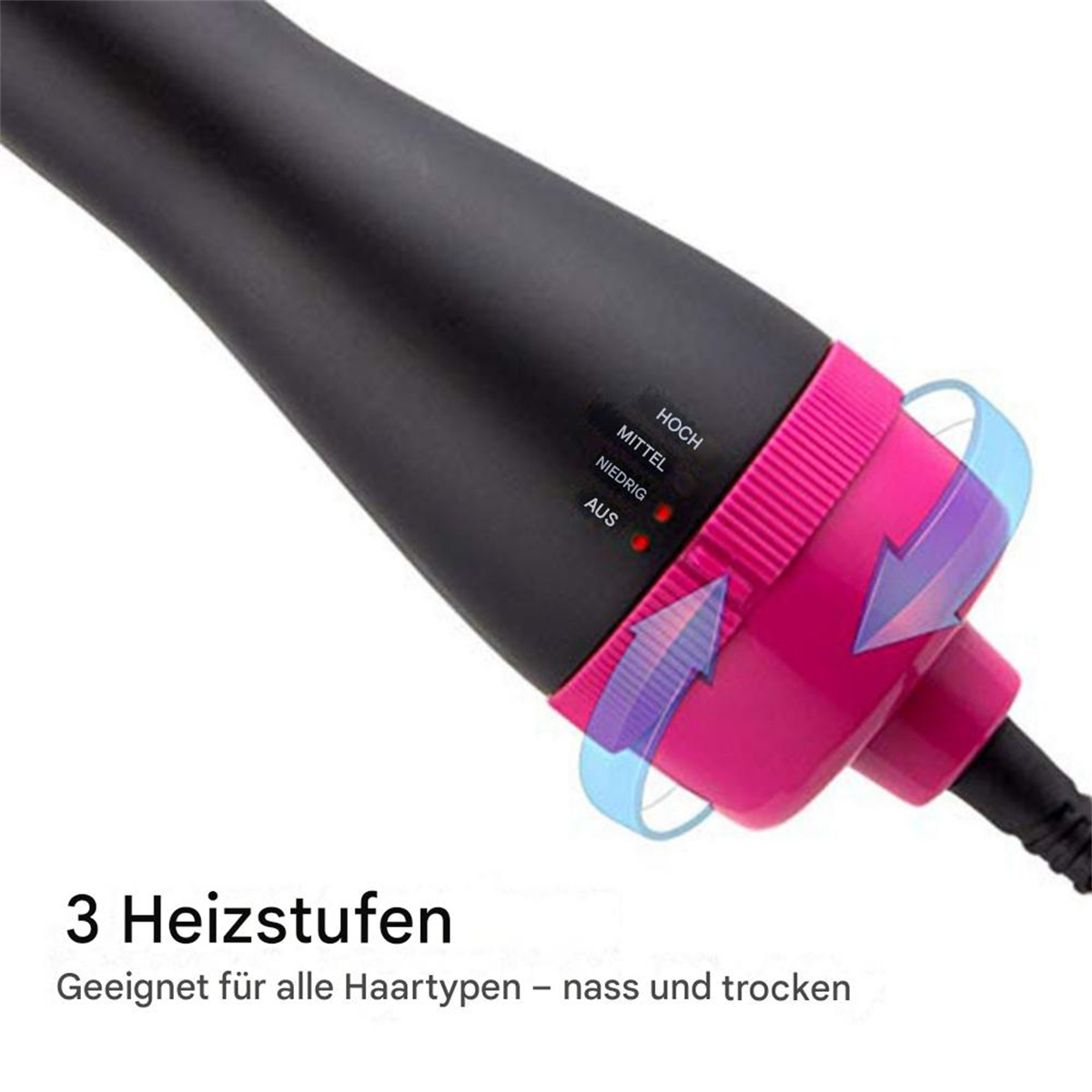 Haarstyler mit rosa und schwarzen Details, mit Einstellungen für hoch, mittel, niedrig und aus.