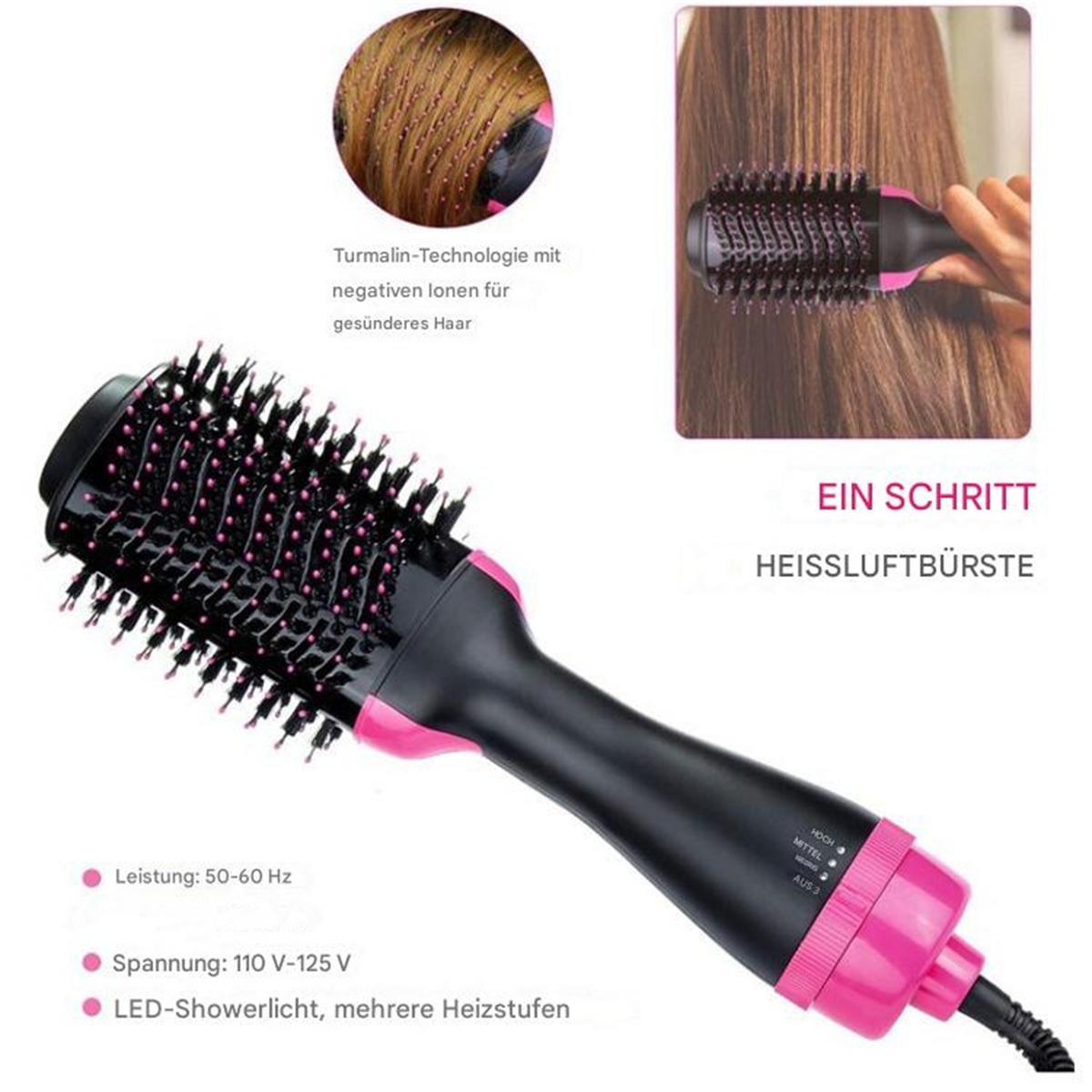 Pink-schwarze Haartrocknerbürste mit Text und Diagrammen, die Funktionen beschreiben. Weißer Hintergrund.