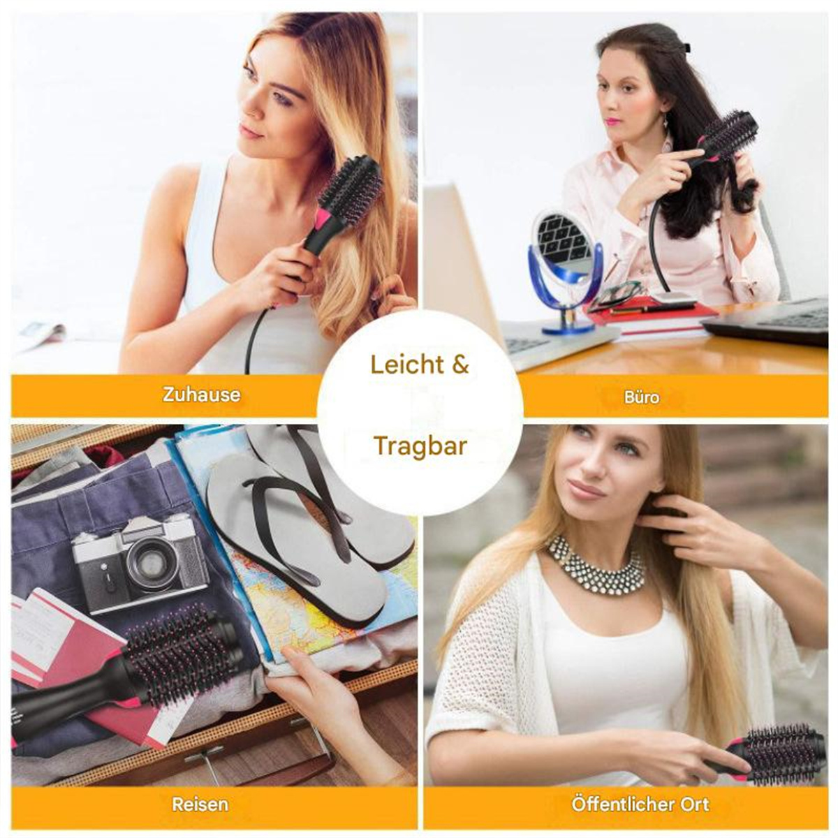 Collage von Frauen, die eine Haarbürste zu Hause, im Büro, auf Reisen und in der Öffentlichkeit verwenden.
