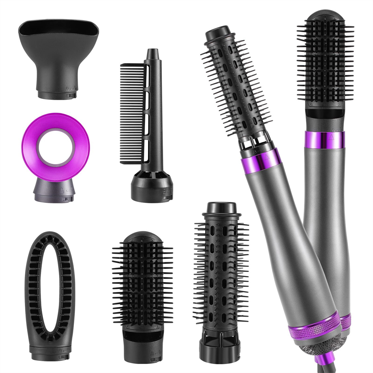 Haarstyling-Set mit mehreren Aufsätzen. Enthält Aufsätze für Haartrockner und Lockenstab.